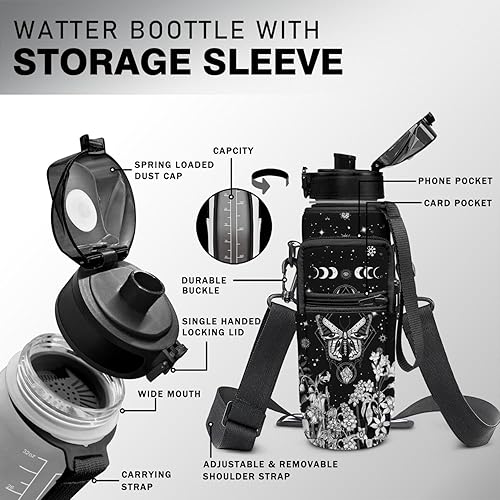 Miniatura 2 de Goth Moon Botella de agua de medio galón con funda, botella de agua sin BPA de 32 onzas, con marcador de tiempo, jarra de agua a prueba de fugas,