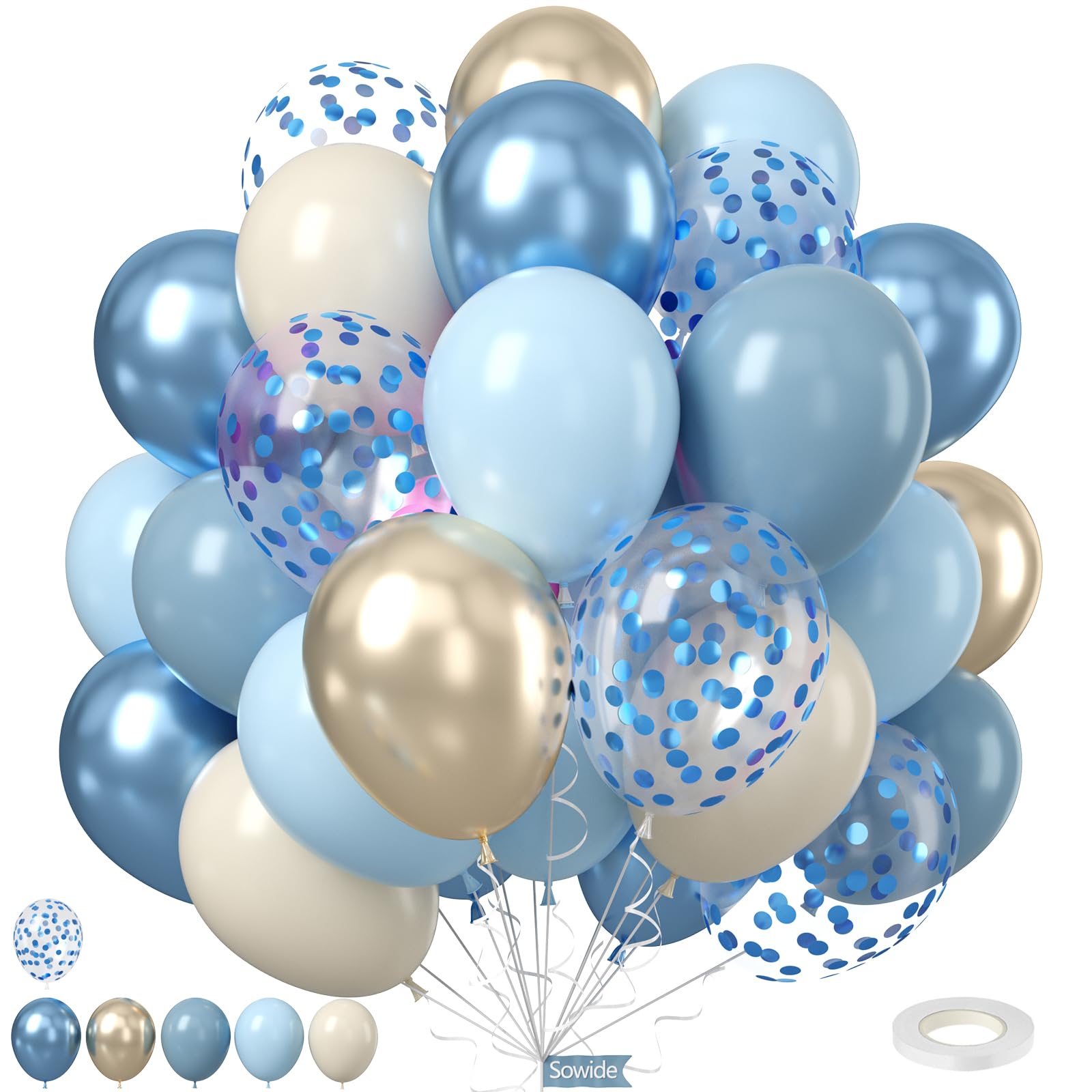 Dusty Baby Blue Balloons, 50Pcs 12 Inches Light Blue White Metallic Gold Confetti Birthday Balloons for Kids Boy Baby Shower Birthday Party Wedding Anniversary Bridal Engagement Graduation DecorationsCarbonfree Certified