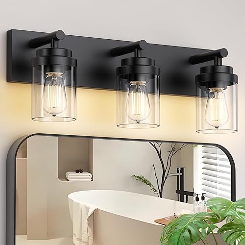 IZORRO Lámpara de tocador de baño, 3 luces de 22 pulgadas, color negro mate, con pantalla de vidrio transparente, luces modernas de tocador de