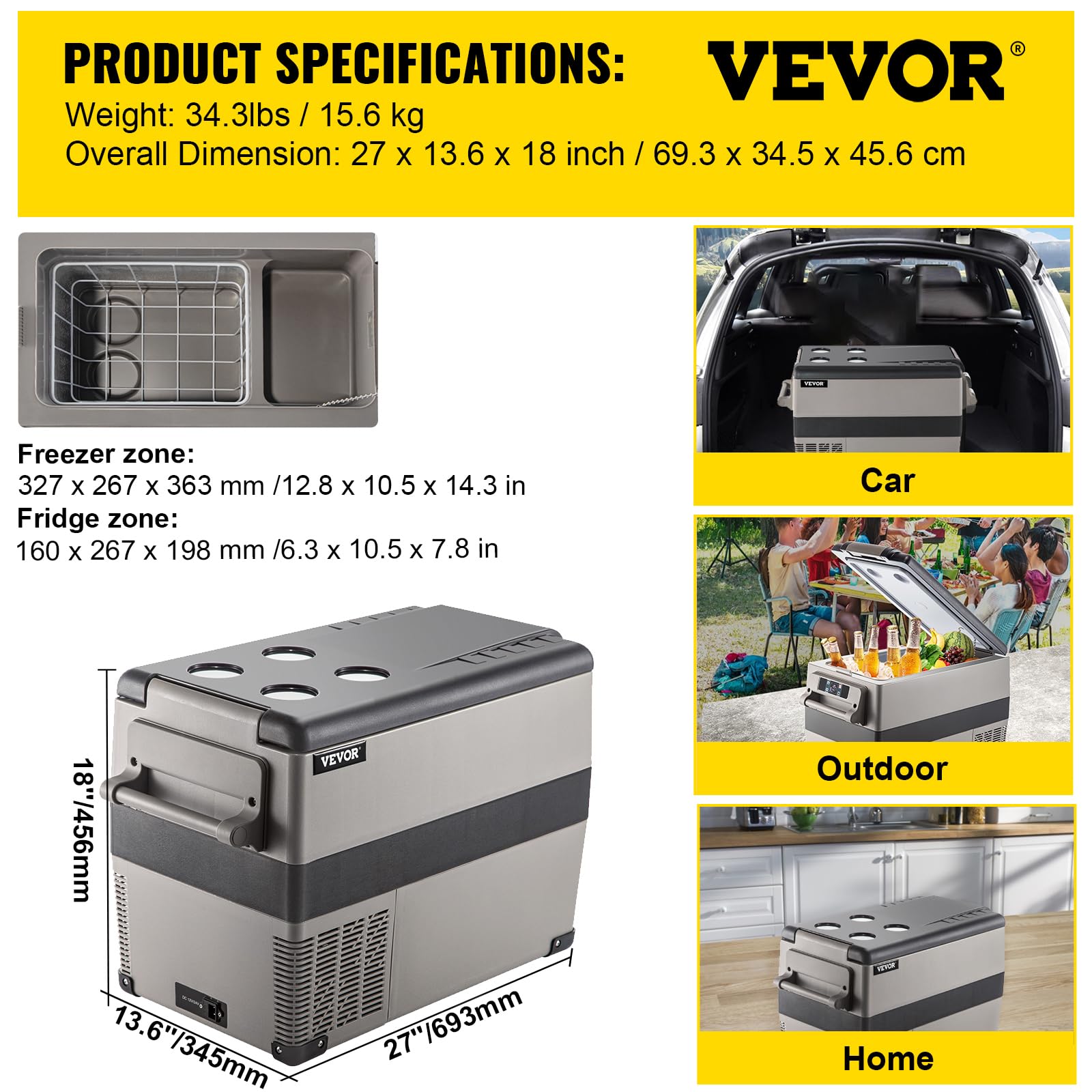 VEVOR Glacière Électrique 45 L Réfrigérateur Portable Compression 60 W 69,3x34,5x45,6 cm