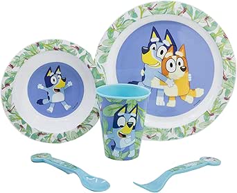 Set vajilla infantil reutilizable apta para microondas compuesto por vaso, plato, cuenco y cubiertos de Bluey