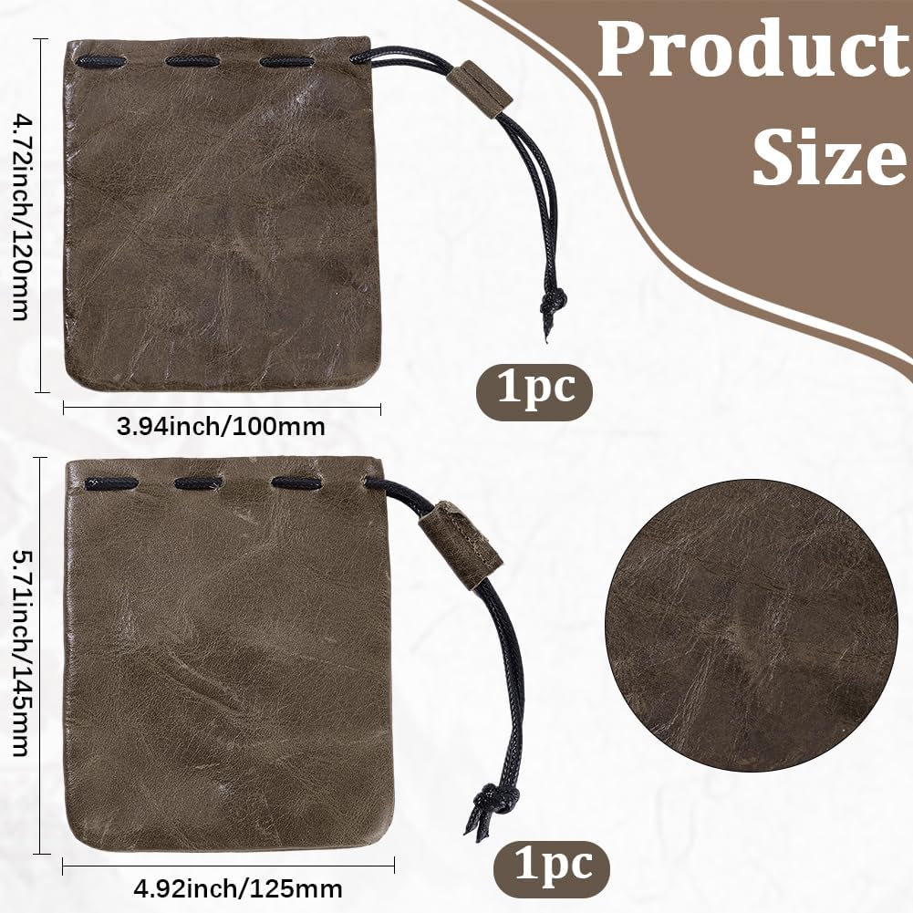 Beebeecraft 2Pcs Drawstring Leather Coin Pouches, 14.5x12.5/12x10cm Cowhide Leather Pouch Dark Coffee Waterproof Medieval Money Bags Dice Purse Wallet Change Storage Organizer for Jewellery Mens Gift