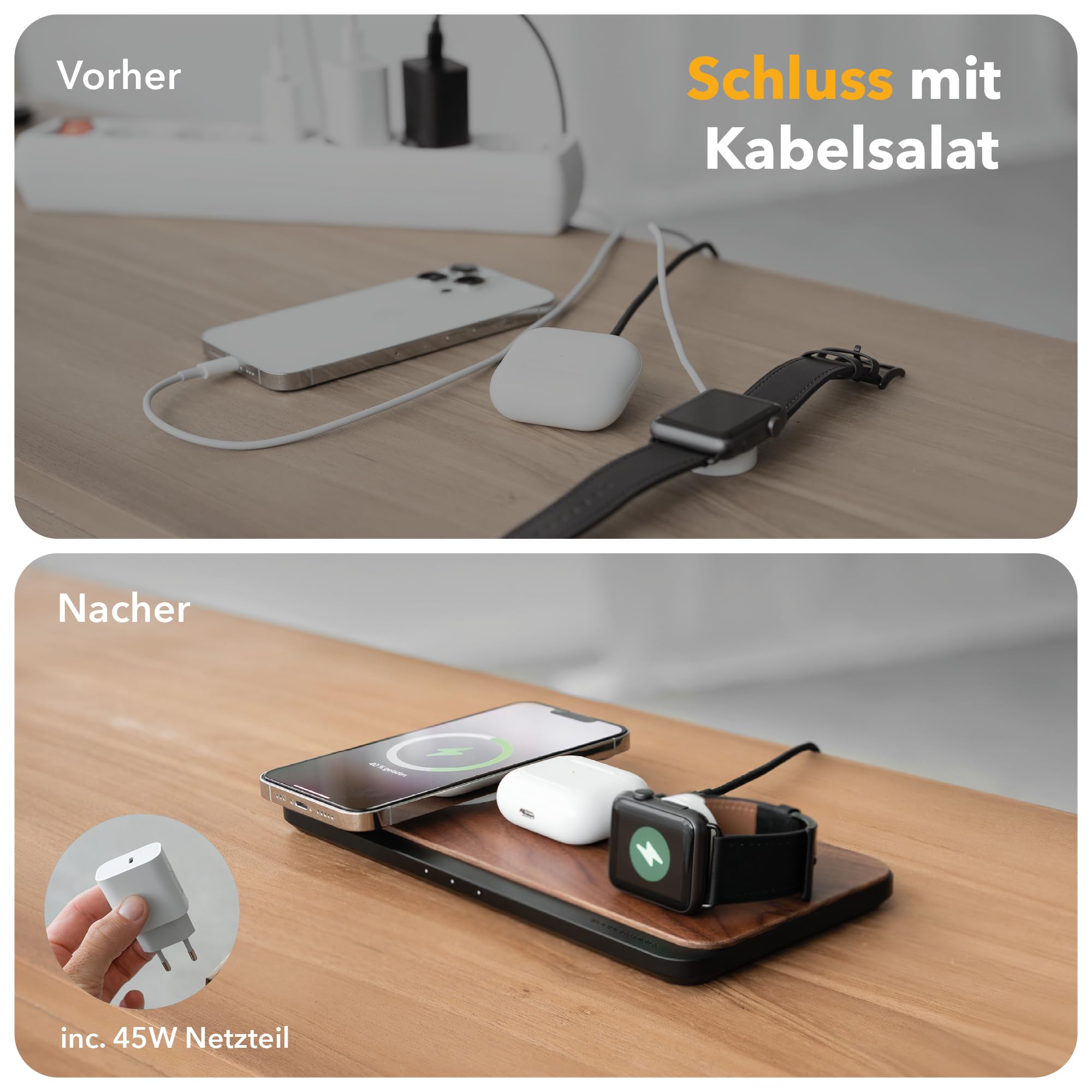 Woodcessories Multibase Pro - Stazione di ricarica 3 in 1 in legno | Magsafe Caricabatterie | Stazione di ricarica induttiva per iPhone, Apple Watch, Air Pods con adattatore da 45 W