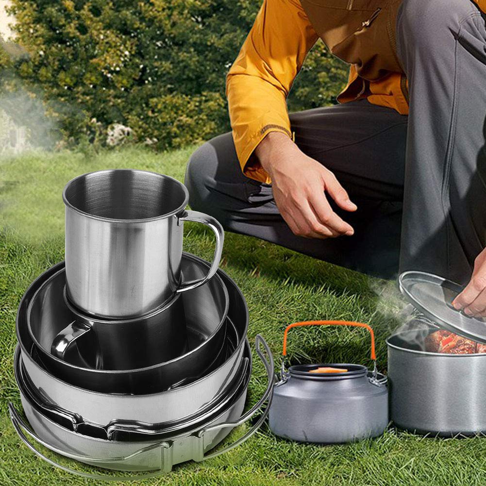 BORDSTRACT 8 Pcs Camping Cookware Set, Foldable Stainless Steel Camping Cookware Portable Camping Plates Cups and Bowls Pot Set for Outdoor Barbecue