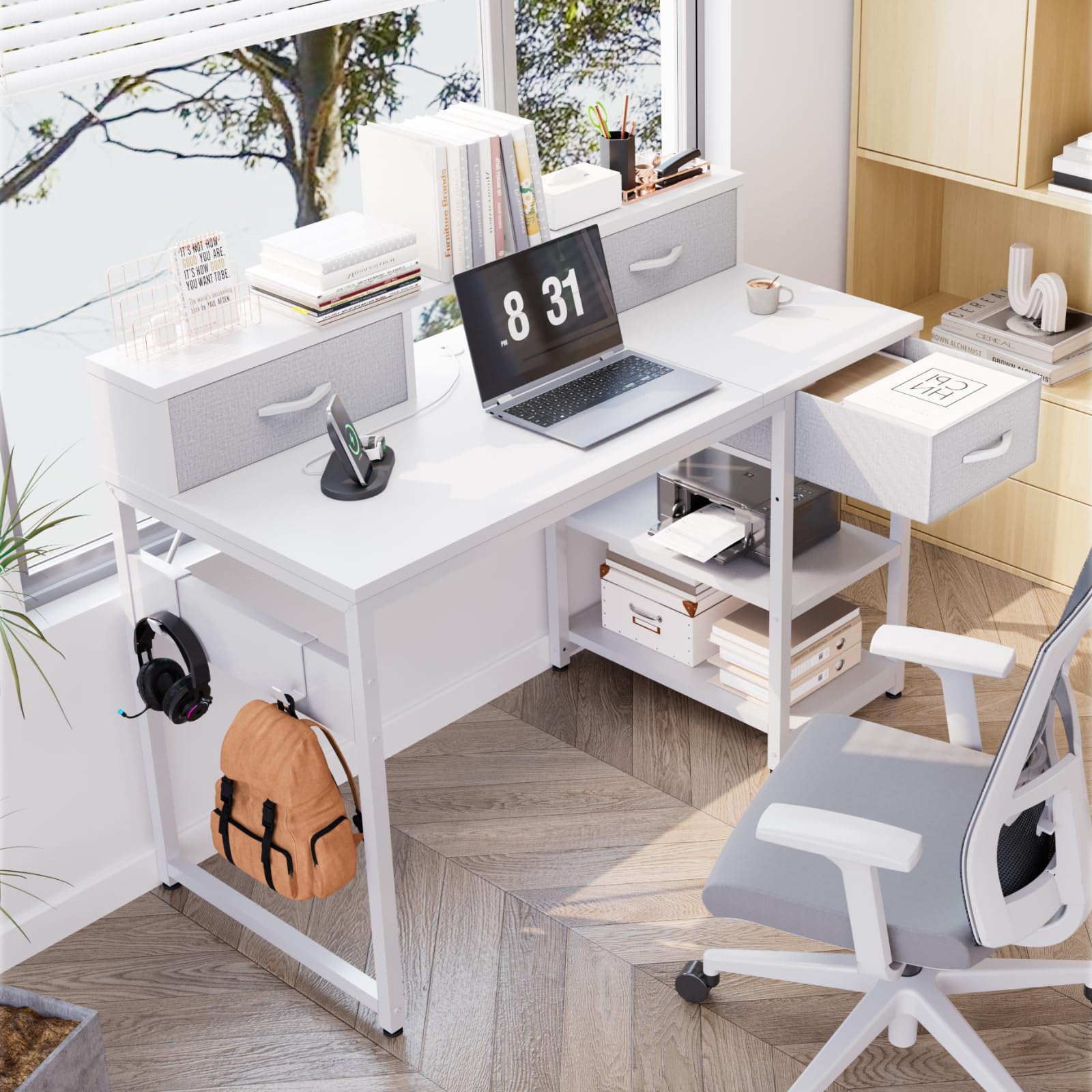 JUMMICO Bureau d'Étudiant avec Tiroirs et Étagère, Enfant, 120x50cm, Blanc