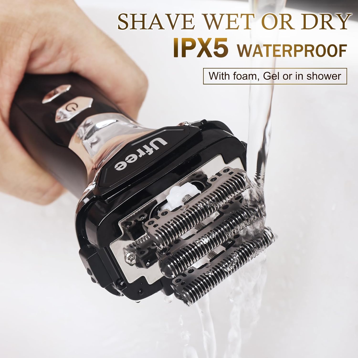 Ufree Electric Razor being rinsed under running water, demonstrating its IPX5 waterproof feature for wet and dry use.
