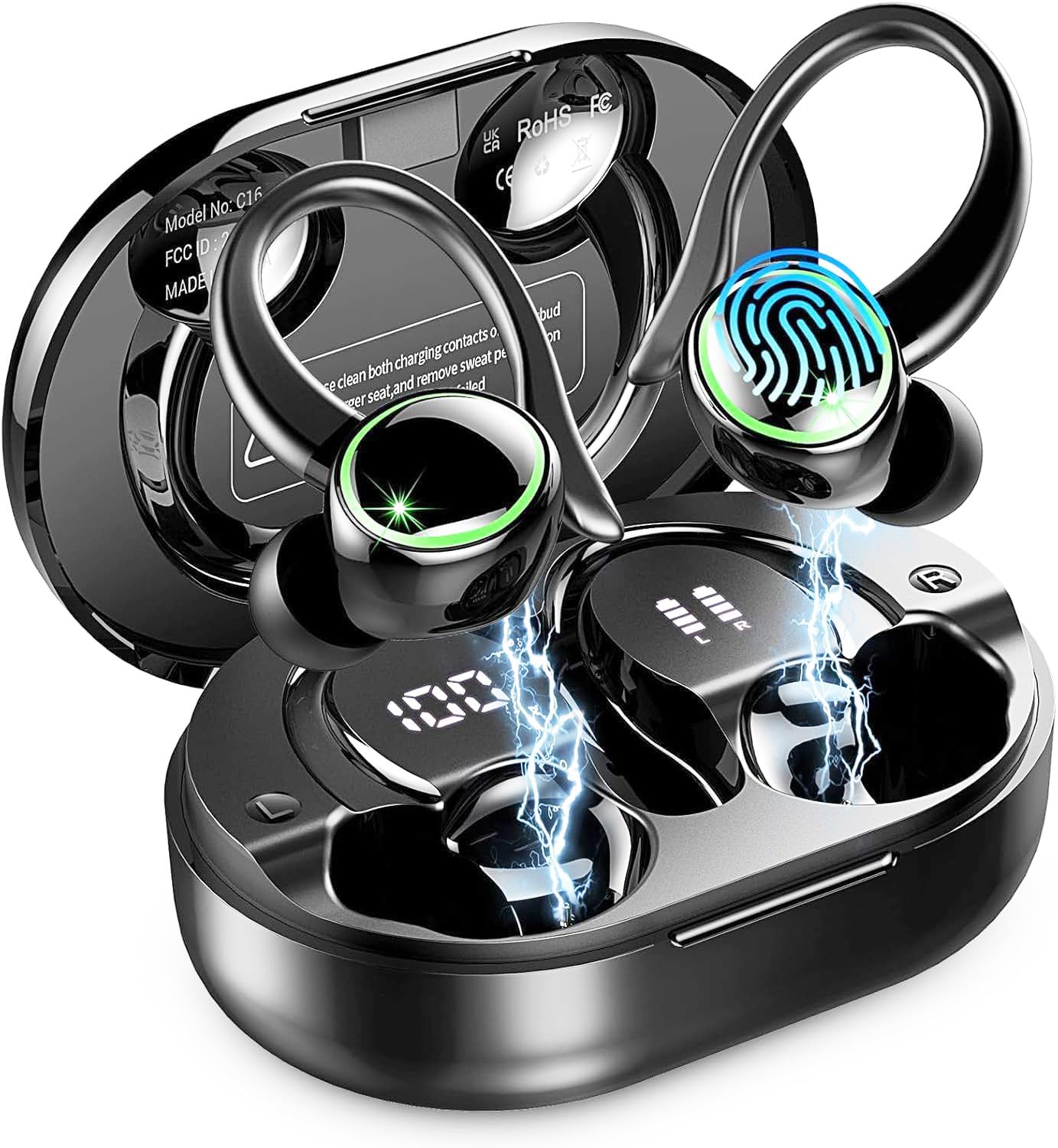 Cuffie Bluetooth sportive, senza fili, Bluetooth 5.4, Hi-Fi Stereo, 50 ore, con cancellazione del rumore ENC e 4 microfoni HD, indicatore LED, impermeabili IP7, auricolari senza fili con USB-C