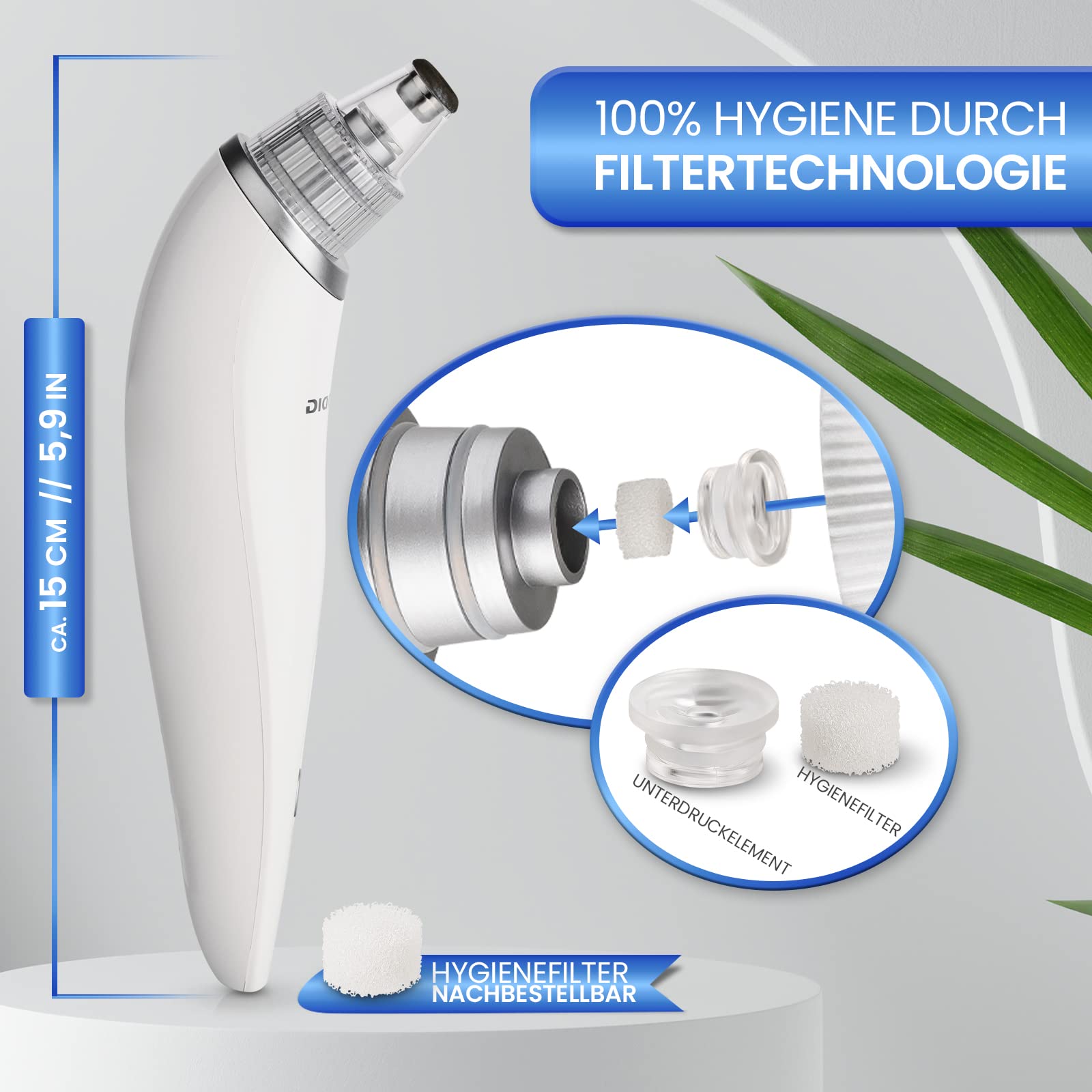 GRUNDIG Porenreiniger Mitesserentferner - Mitesser dauerhaft und schnell entfernen - Akku Porensauger mit 5 Wirkstufen, Hygienefilter 4 Profi Sauger Pflegeaufsätzen I Blackhead Remover (Gerät), Weiß