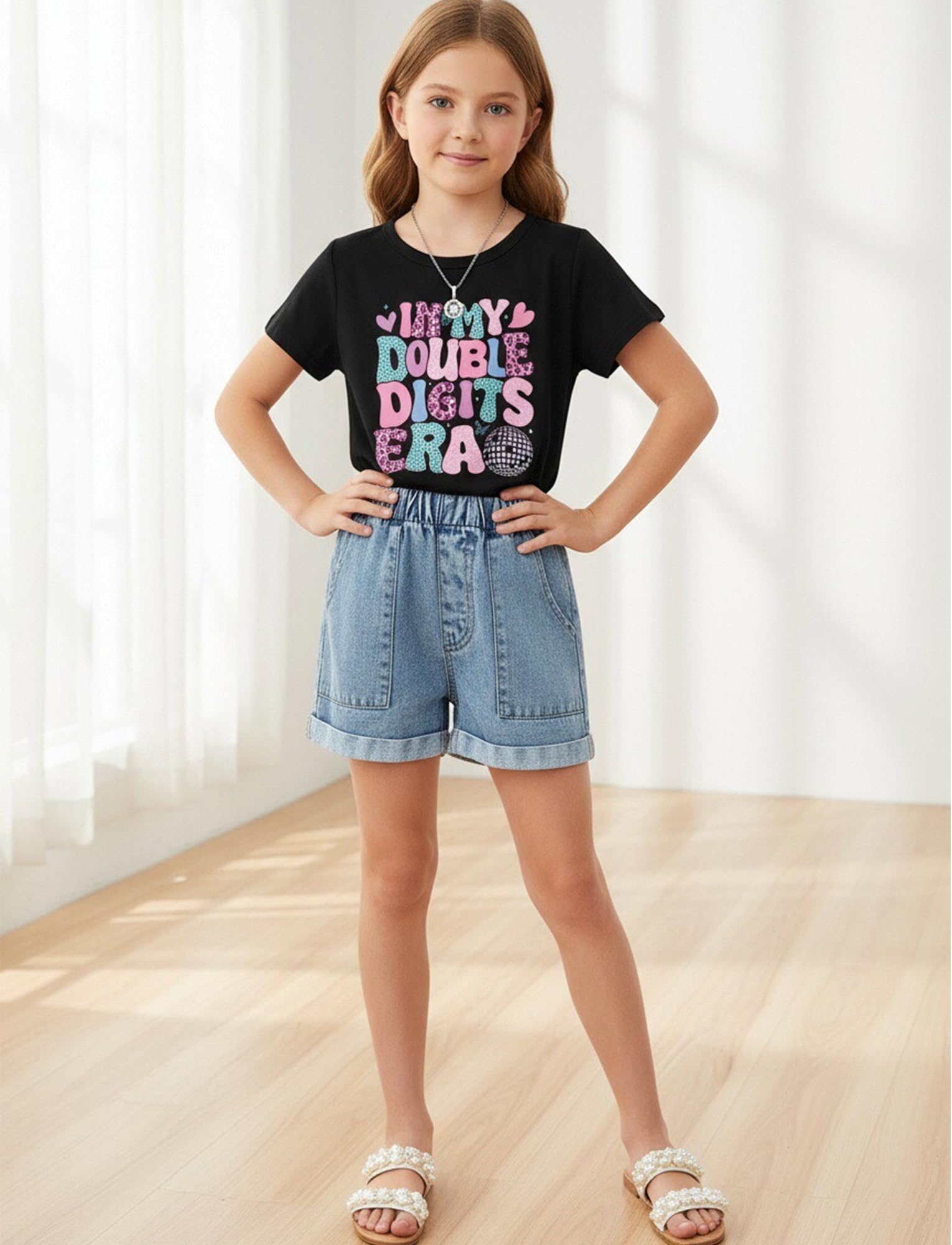 Happy Cherry Pantalones cortos de mezclilla de algodón elástico de cintura alta para niña, pantalones cortos de verano casuales con bolsillos para niños de 8 a 12 años