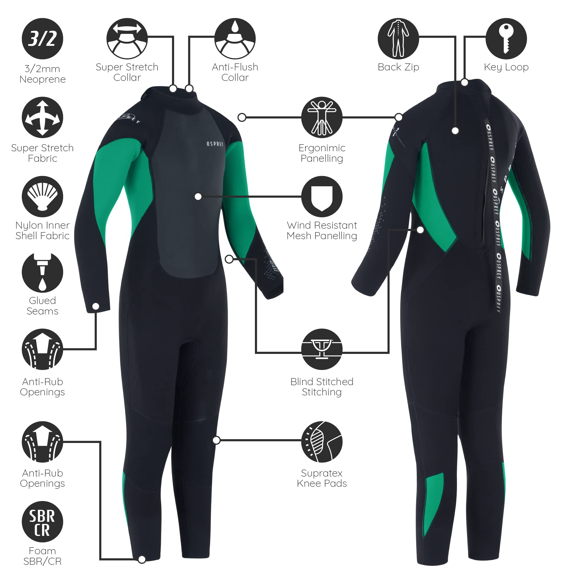 Osprey - Muta Estiva da Bambino, Lunghezza 3 mm, in Neoprene, per Surf, Bodyboarding, Zero, Verde