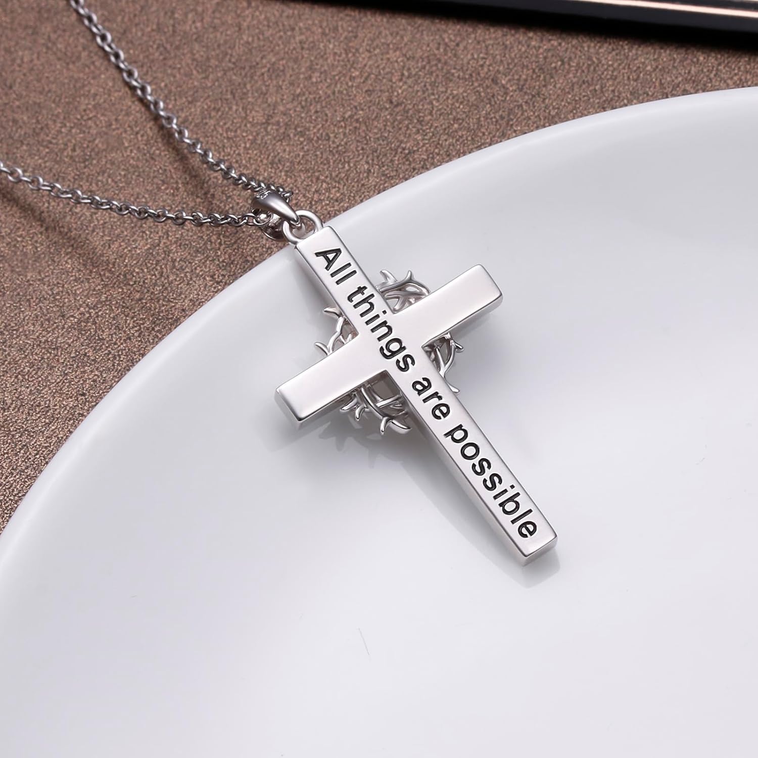 Cross Turquoise Necklace 925 Sterling Silver Thorns Cross Pendant Necklace Engraved All Things are Possible Religious Christian Jewelry Gifts for Women Men - Image 3