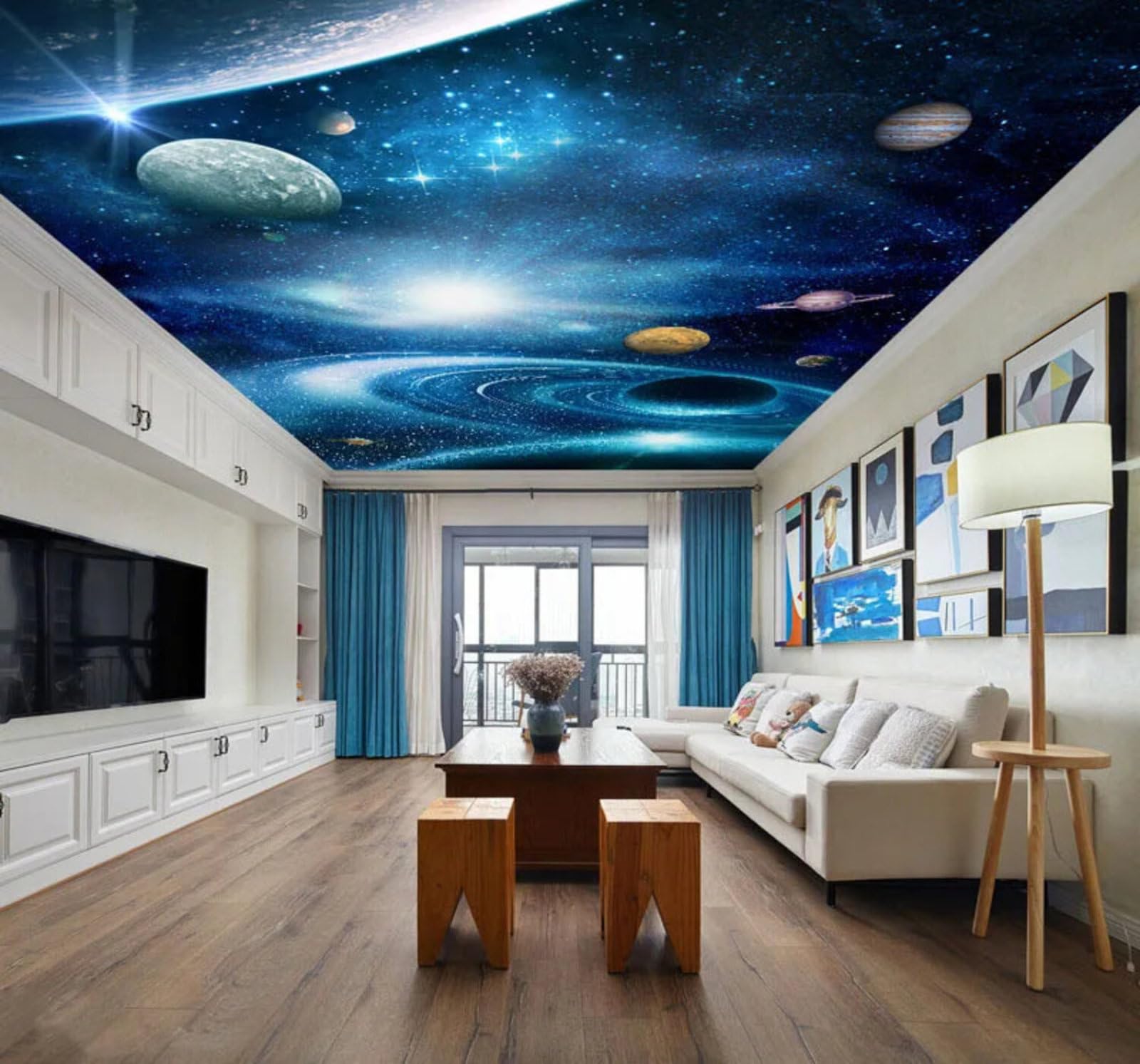 Wallpaper-3D-Xlm 350Cm×256Cm(B×H) Beautiful Blue Universe Starry Sky Planets 3D Wallpaper Easy Install Feature Office Living Room Sofa Bedroom Tv Background Wall Decoration-350Cm×256Cm