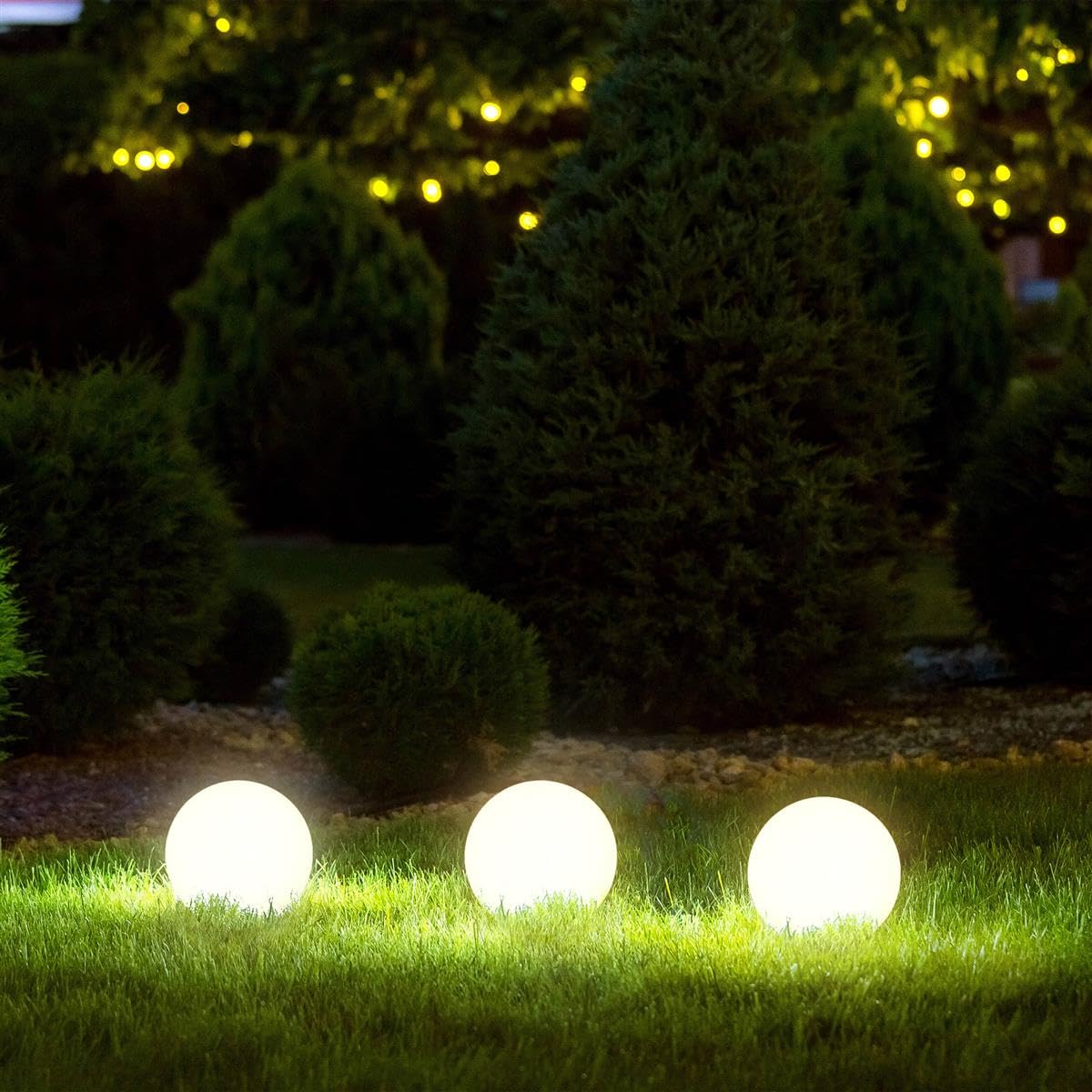 3er Set Solar Kugelleuchte Ø20 cm warmweiß | LED Solarleuchten für außen | Gartenbeleuchtung Terrasse Balkon Rasen | Außenleuchte mit Solarpanel & Akku | dekorative Bodenlichterkette