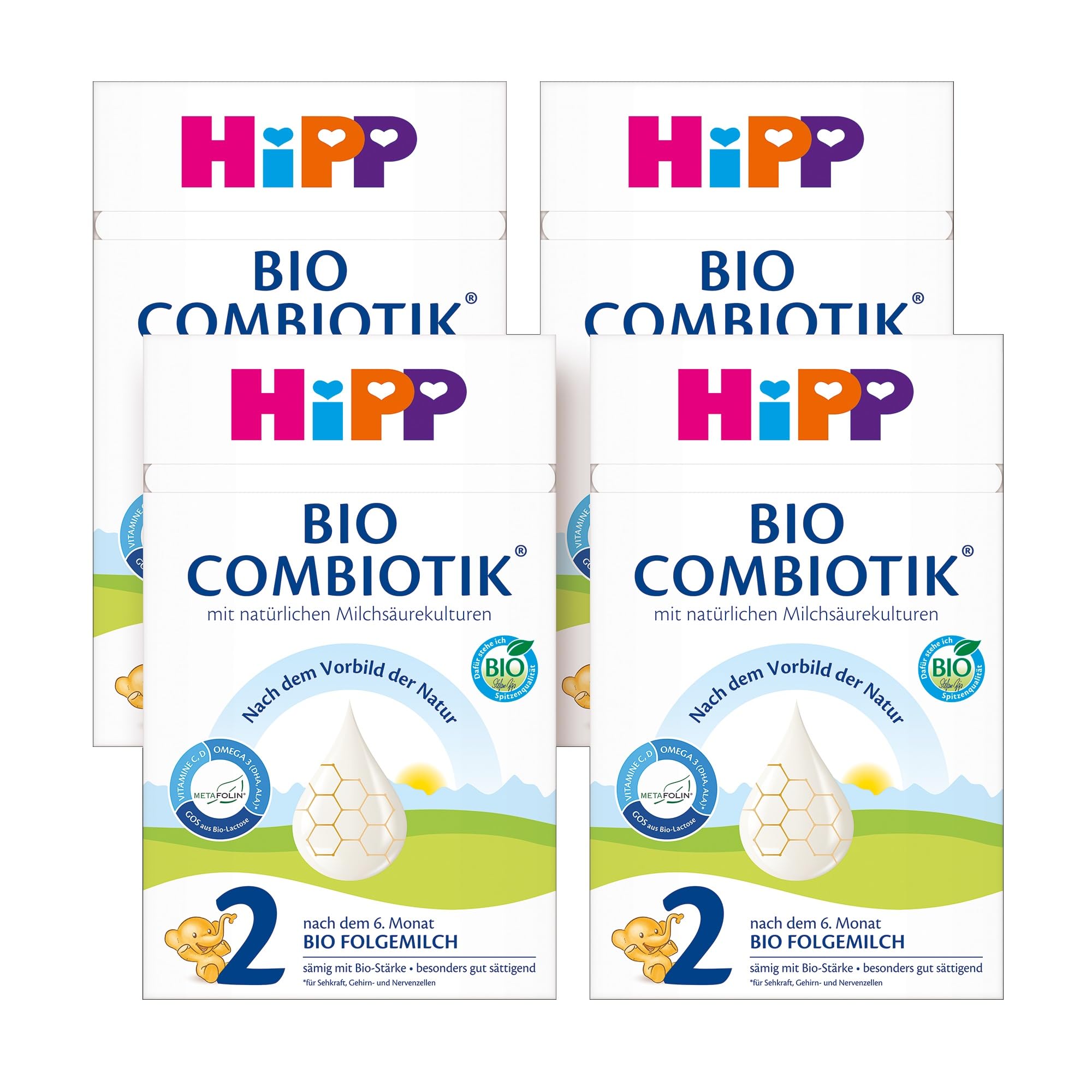HiPP 2 Bio Combiotik (4 x 600g), Folgemilch nach dem 6. Monat, mit Stärke, natürlichen Milchsäurekulturen, GOS, Omega-3 (DHA, ALA), in bester Bio-Qualität