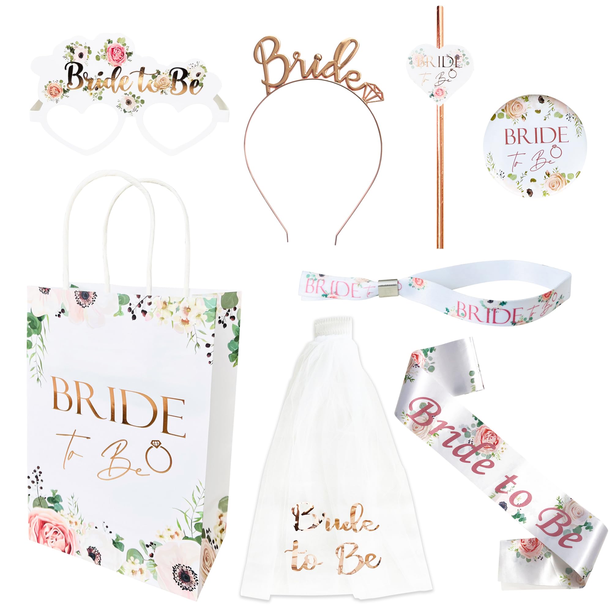 Bride to Be Goody Bag Set Floral Design with Rose Gold Foil Bride to Be Text - Bag, Badge, Wristband, Glasses, Straw, Satin Sash, Veil, and Tiara Perfect Hen Party Favour and Wedding Goodie Filler