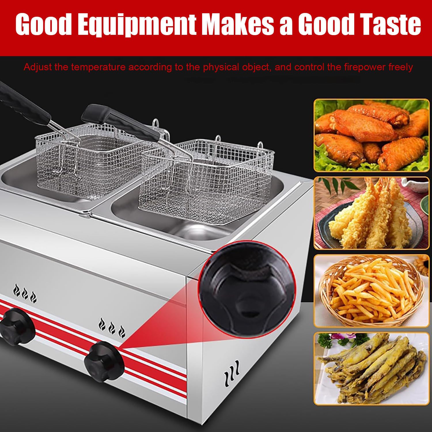 Freidora de Gas Profesional de Acero Inoxidable Comercial,con Cestas Y Tapas,Potencia de Fuego Ajustable Y Control de Temperatura,para Encimera de Restaurante Comercial MáQuina (10l+10l)