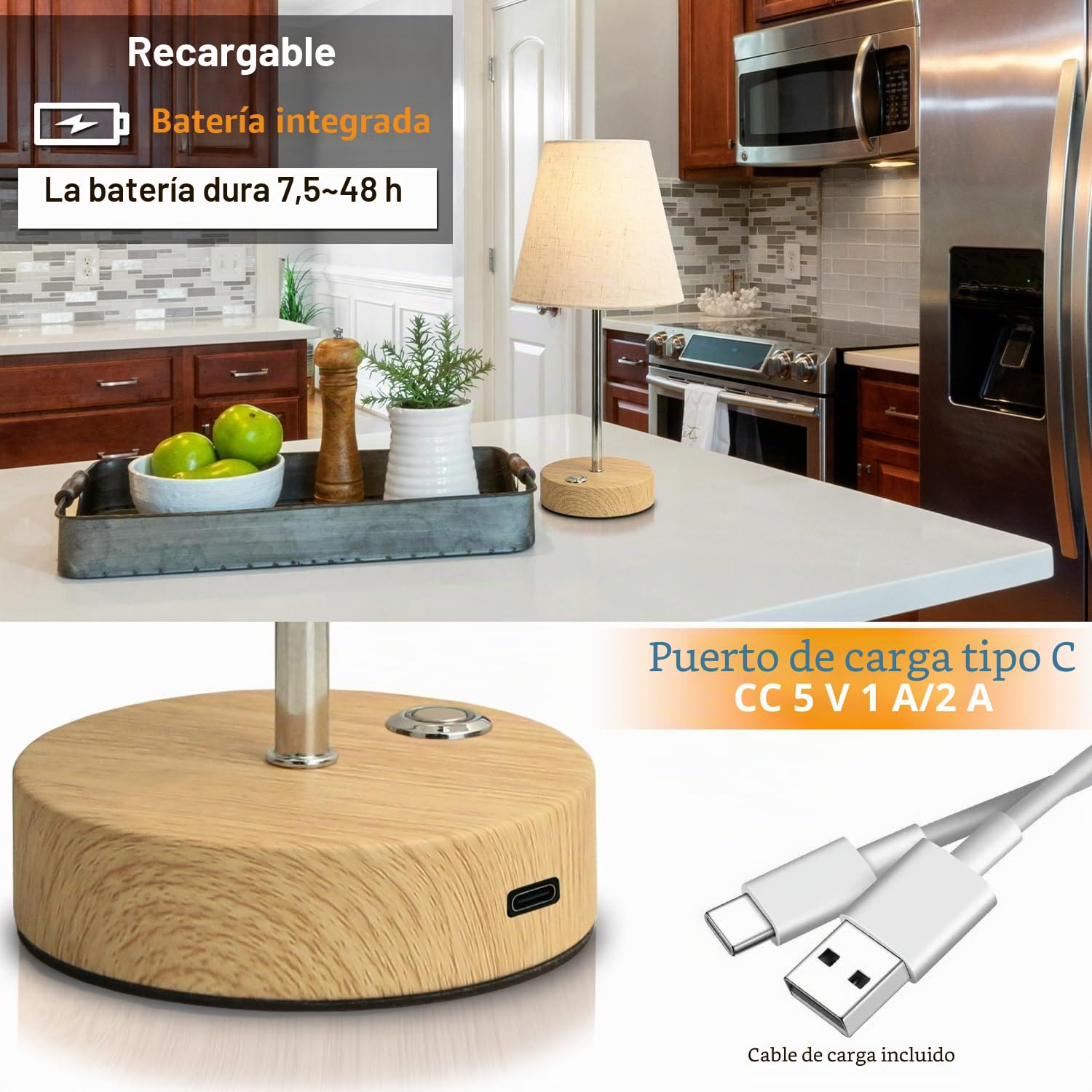 HSLighting Lámpara De Mesa Inalámbrica, Lámparas Sin Cables A Batería Pantalla De Tela Lámpara De Noche Recargable Ligera y Regulable Continuamente (Moderno, 2)
