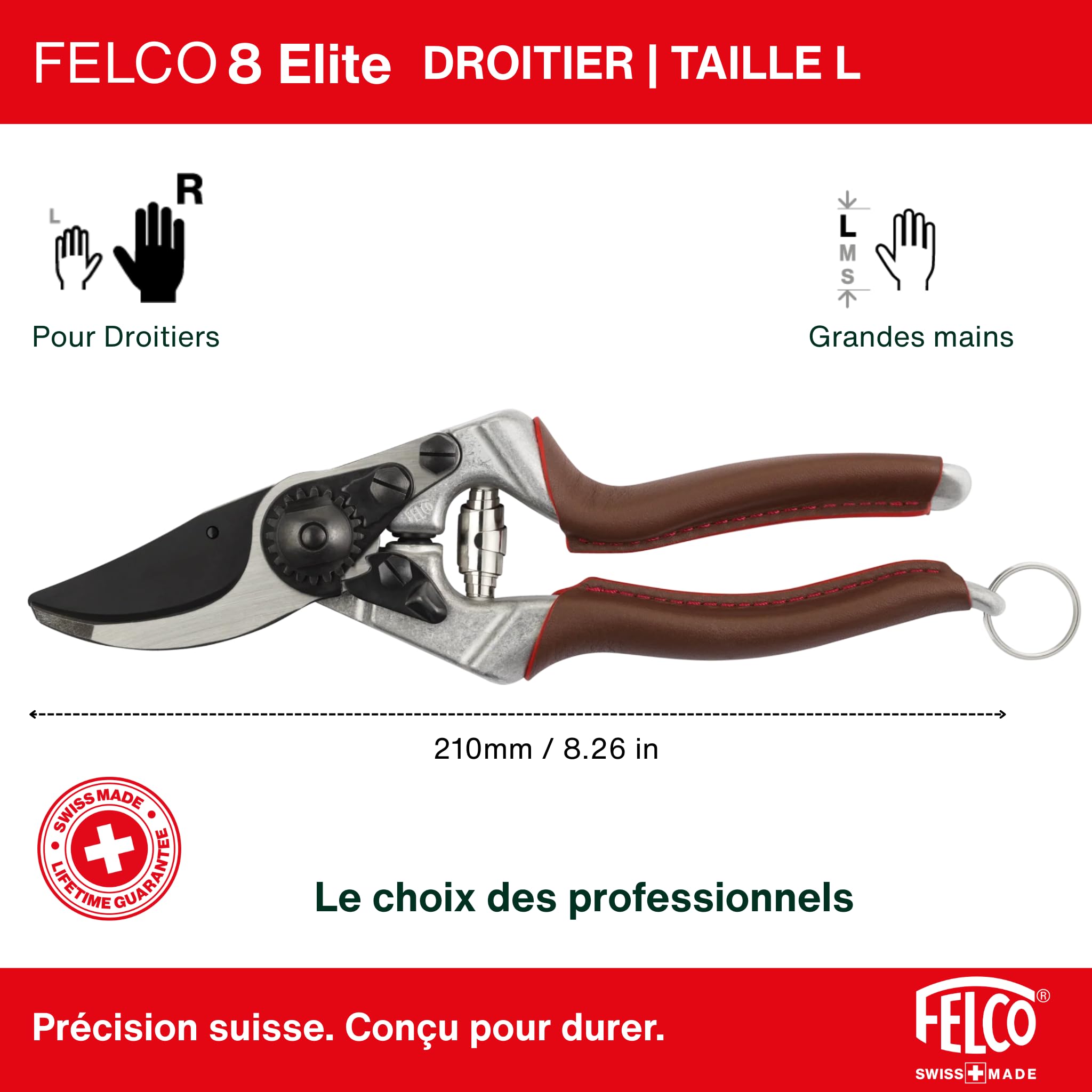 FELCO 8 Elite – Sécateur professionnel droitier pour grandes mains, coupe 25 mm, revêtement F-Tech anti-friction, poignées cuir cousues main, outil ergonomique de taille