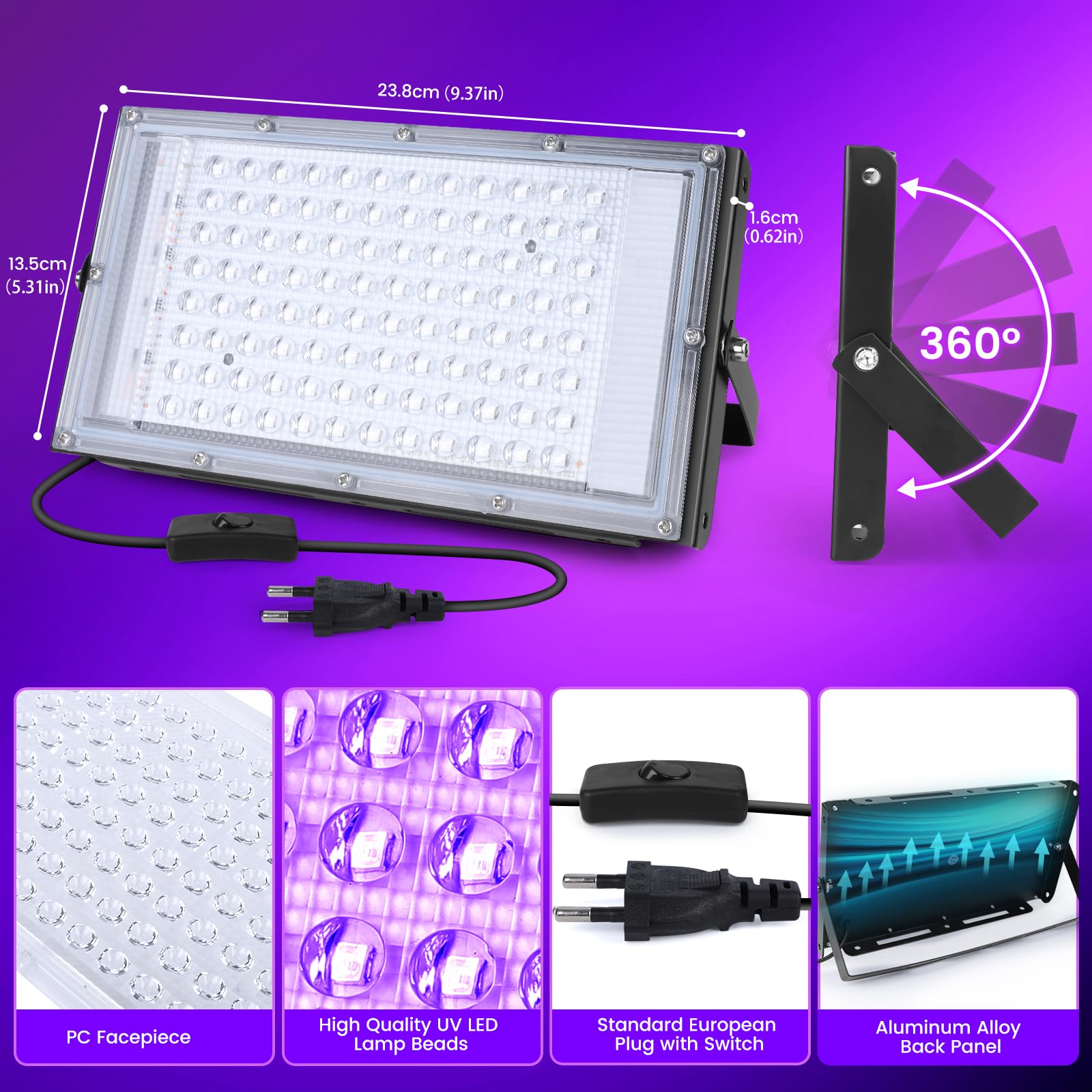100W LED UV Luce Nera, Faretto a Luce Nera, Luce Nera Impermeabile IP66 con Spina Standard Europea, Adatto per Halloween, Feste Fluorescenti, Decorazioni per Palchi e Acquari