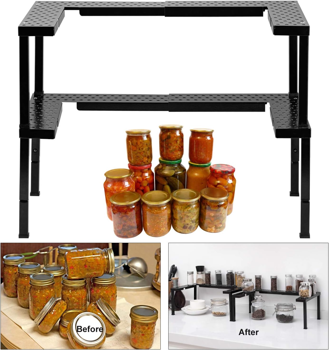 Expandable and Stackable Spice Rack Organizer for Cabinet & Pantry, Nandae 2 Tier Adjustable Height Spicy Shelf, Stable Priumum Iron (Black)