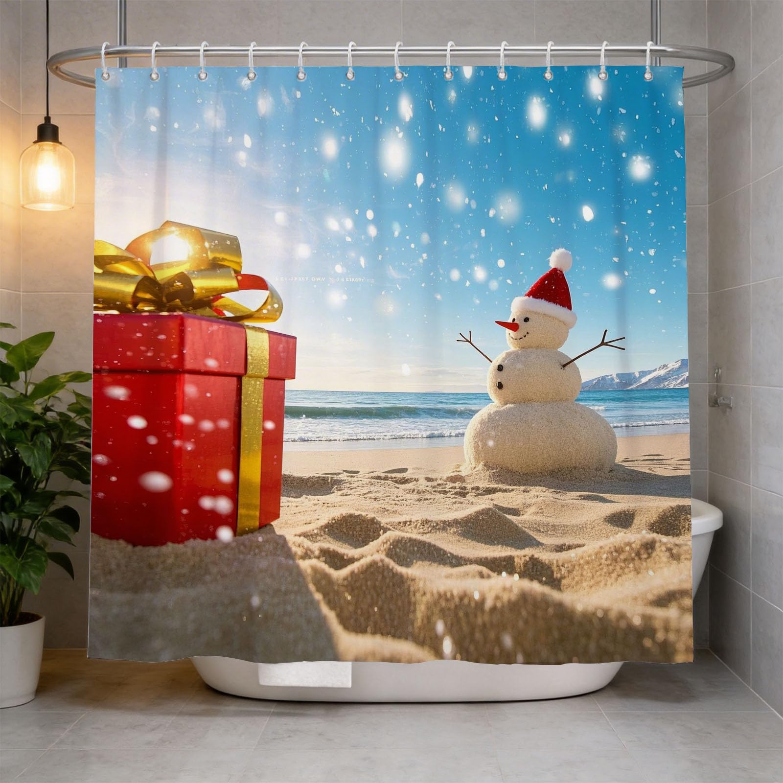 Hongduo 3D Snow Snowman Shower Curtain for Stalls Bathtubs Sandy Beach Bathroom Decor Shower Curtain Set Polyester Fabric Waterproof 200x200cm/79X79 Inch with Hooks