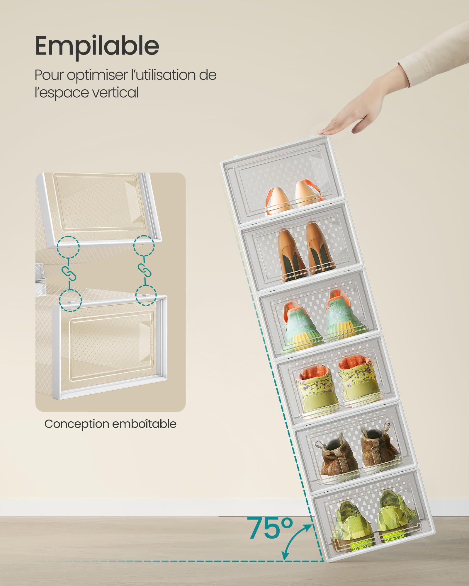 SONGMICS Boîtes à Chaussures, Rangement Chaussures en Plastique, Pliables et Empilables, pour Pointure Jusqu’à 43, Lot de 18, Transparent et Blanc Nuage LSP066W18