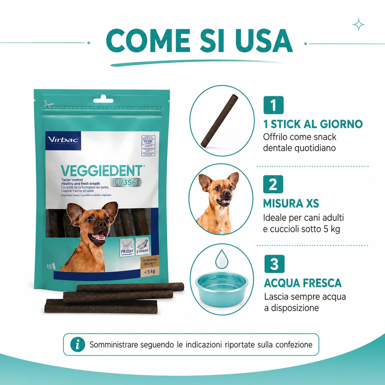 Virbac Veggiedent FR3SH XS 2 Confezioni da 15 Stick Dentali per Cani sotto 5 kg, Snack Vegetale per Igiene Orale, Controllo Placca e Tartaro, Alito Fresco