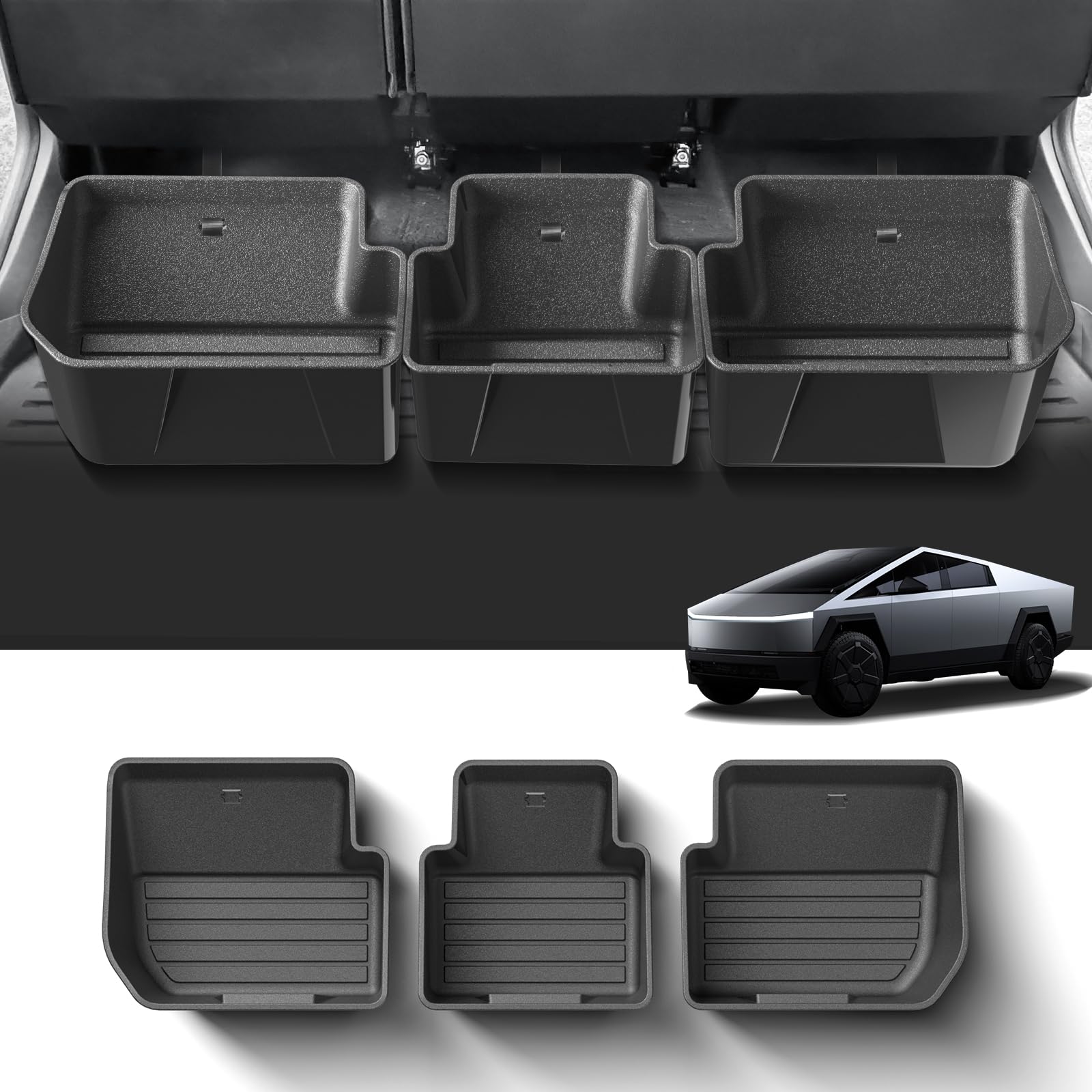 LUCKEASY 2nd Row Under Seat Storage Box For Tesla Cybertruck Organizer Hidden Tray 3pcs/Set With Velcro For Cybertruck Accessories Waterproof Movable ABS Black