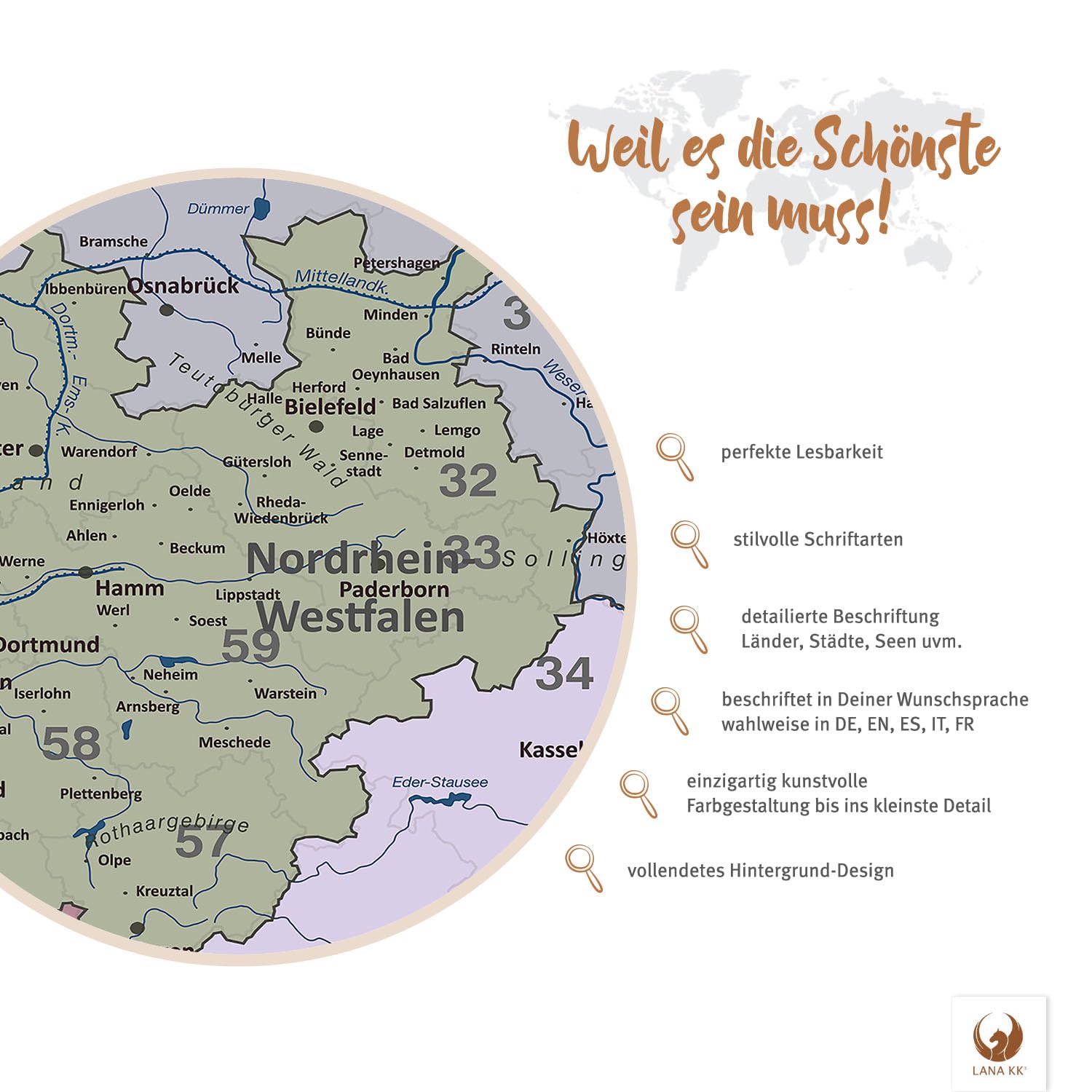 LANA KK - Premium Pinnwand Deutschlandkarte - Edelgrau - Deutsch - in 40 x 60 cm, stabile Rückwand zum Pinnen inkl. Starterkit - Leinwand-Kunstdruck Wandbild Landkarte XXL