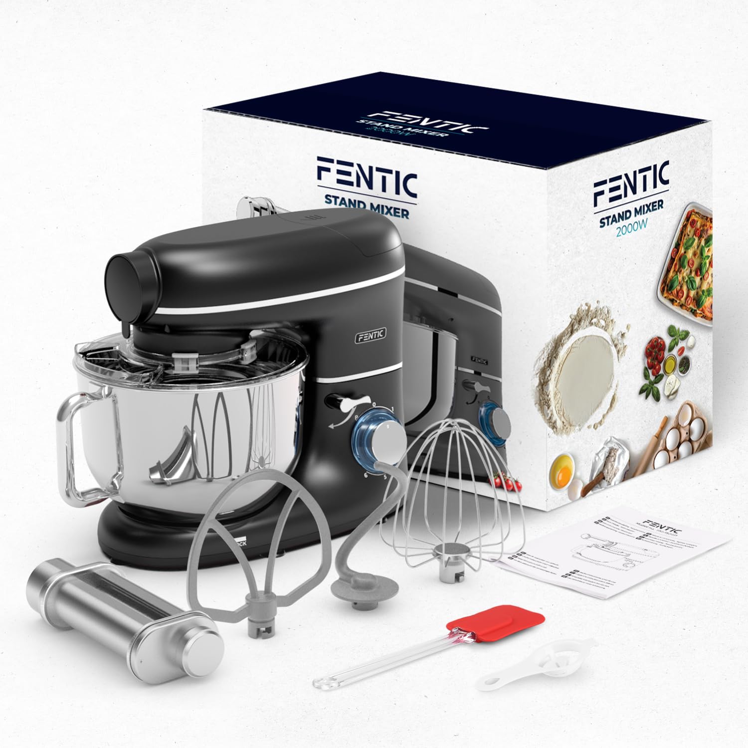 Impastatrice Planetaria con Macchina per la Pasta – 2000W – Robot da Cucina con Macchina per Pasta Fresca – Macchina Pasta - 6,2L Ciotola in Acciaio Inossidabile (Nero)