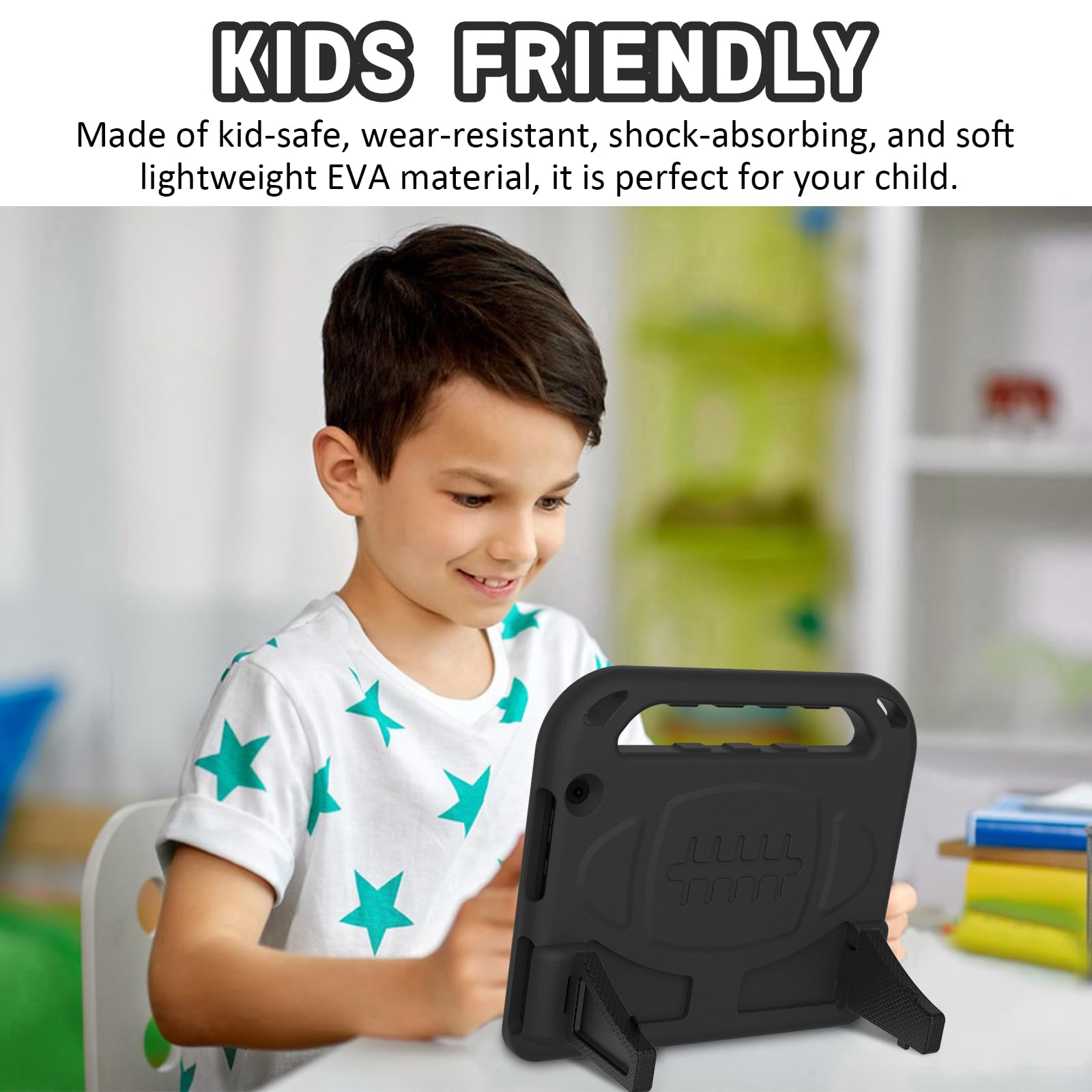 MENZO Custodia per bambini per tablet da 10 pollici (versione 2023/2021, 13a/11a generazione), pellicola protettiva integrata antiurto Lightwight con supporto per manico, nera