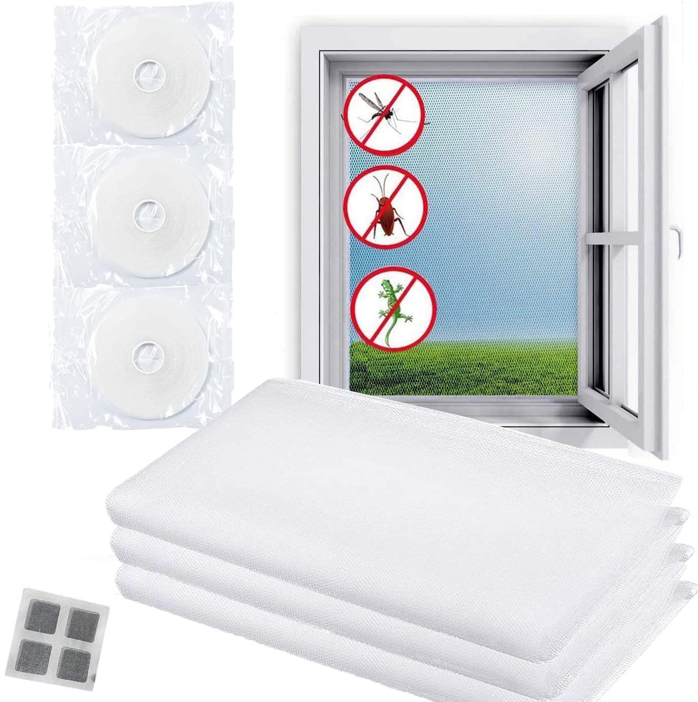 MoonmenFly Screen Nets 3 Pack - 1.5m x 2m DIY Mosquito Insect Mesh Screen Protector Kit with Self Adhesive Tapes 3 Rolls Tape Transparent Cut Without Drilling (White)