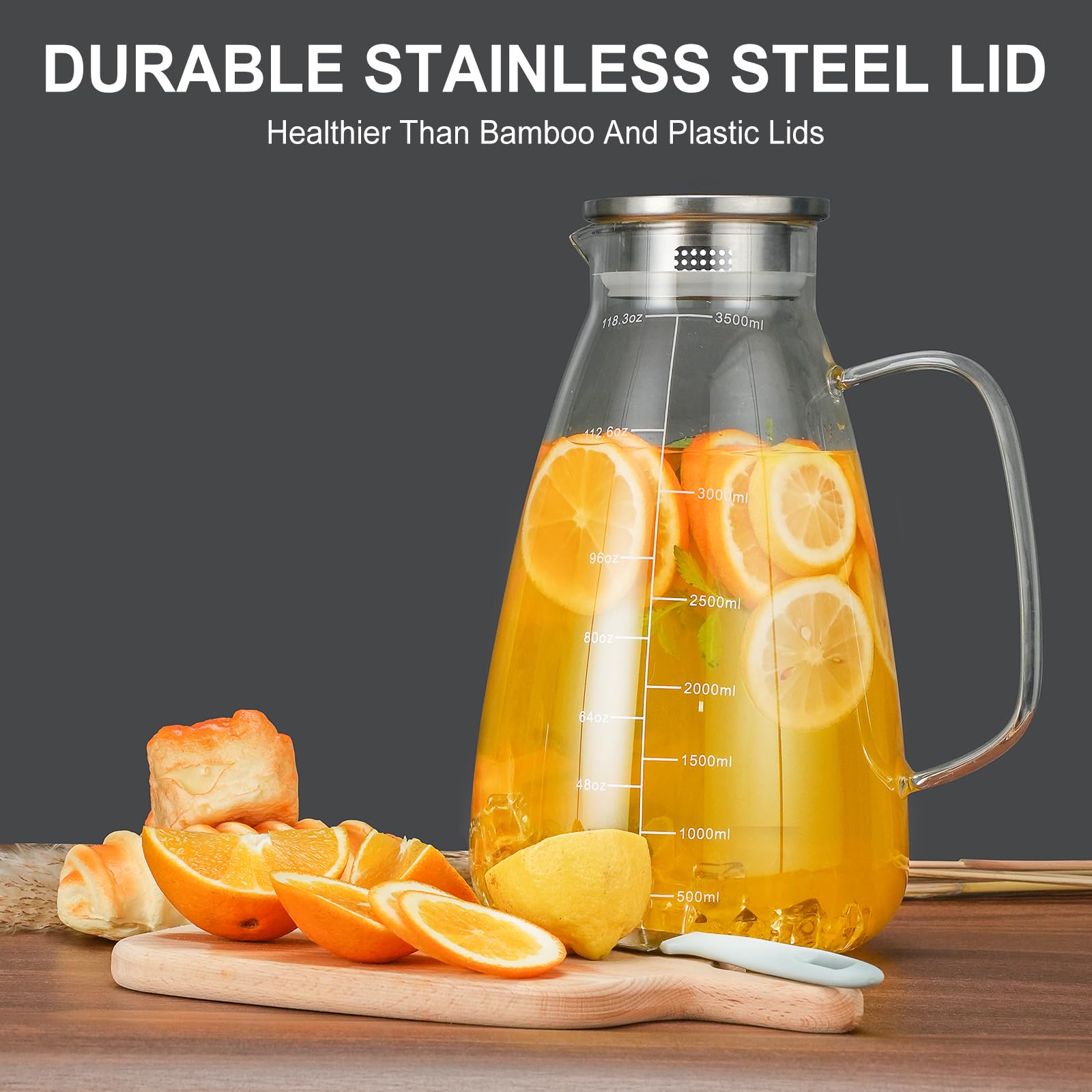 Jarra de vidrio con tapa, jarra de agua de vidrio de 125 onzas con línea de escala precisa, jarra de té helado grande de acero inoxidable, vidrio de borosilicato grueso fácil de limpiar para bebidas