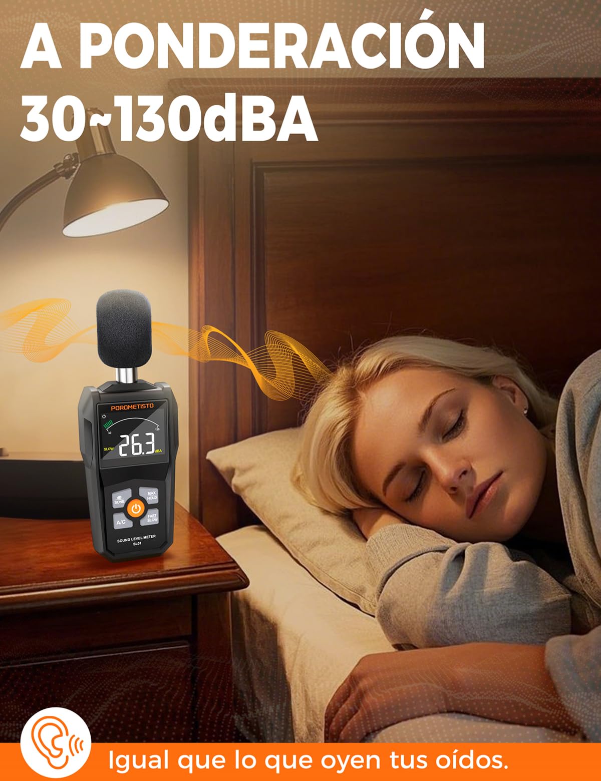 SL01 Sonometro - Medidor De Decibelios Profesional 30-130dB ±1.5dB, Pantalla LCD con Retroiluminación, Ponderación A/C, Respuesta Rápida/Lenta, para Vecinos Ruidosos, Hogar y Oficina