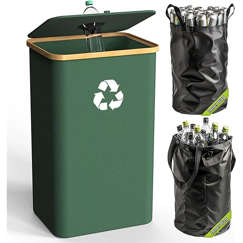 Recycling Bin for Kitchen Indoor Home, Large 100L/ 26 Gallon Recycle Bin with Lid Removeable Reusable Inner Bag Bottle Can Glass Waste Plastice Stickers (Green, 26 Gallon)