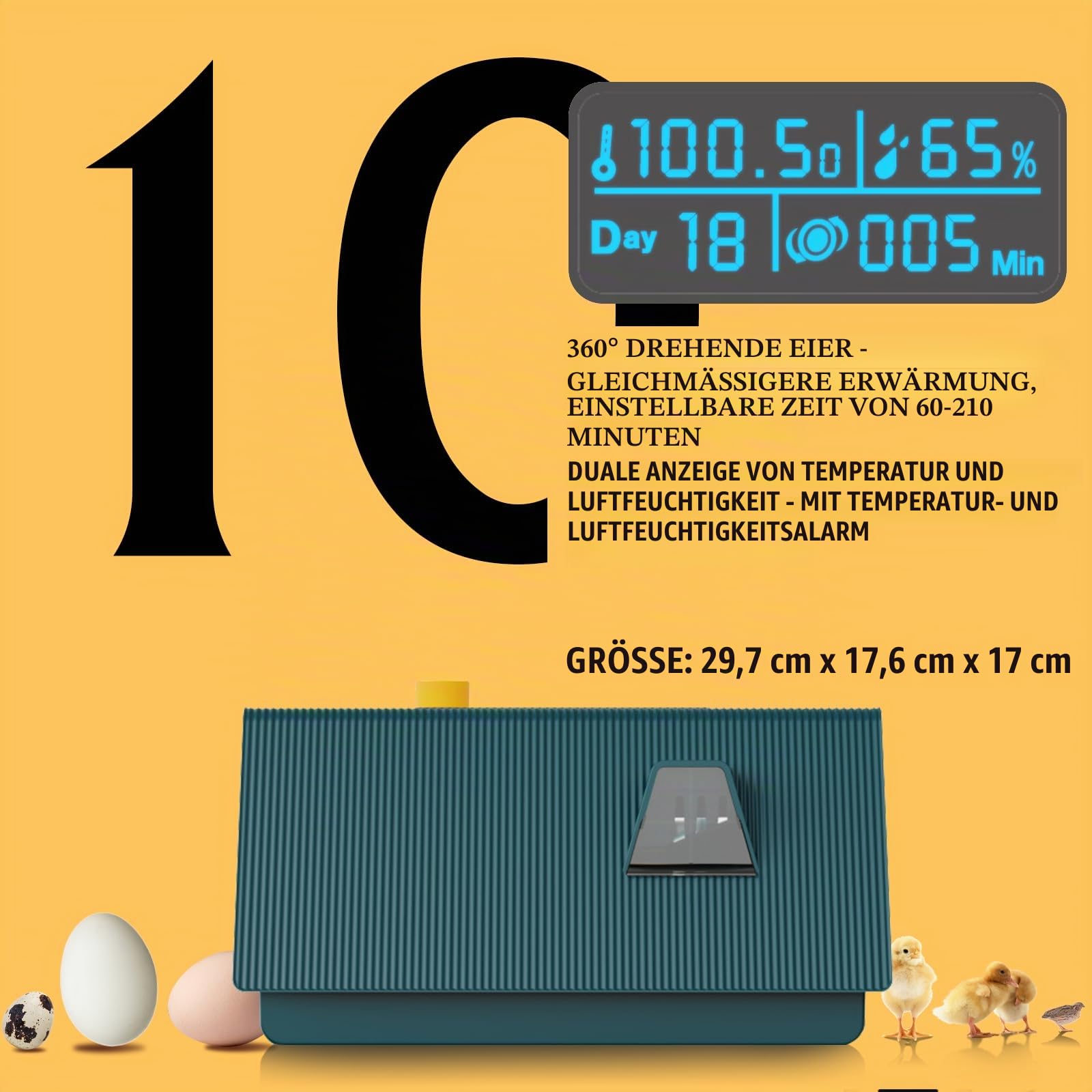 GARDTECH Brutautomat Vollautomatisch, 10 Eier Inkubator, Brutmaschine Vollautomatisch, Intelligente Temperaturregelung, Automatischem Ei Wendung, Datum der Bebrütung, Brutautomat Form des Hauses