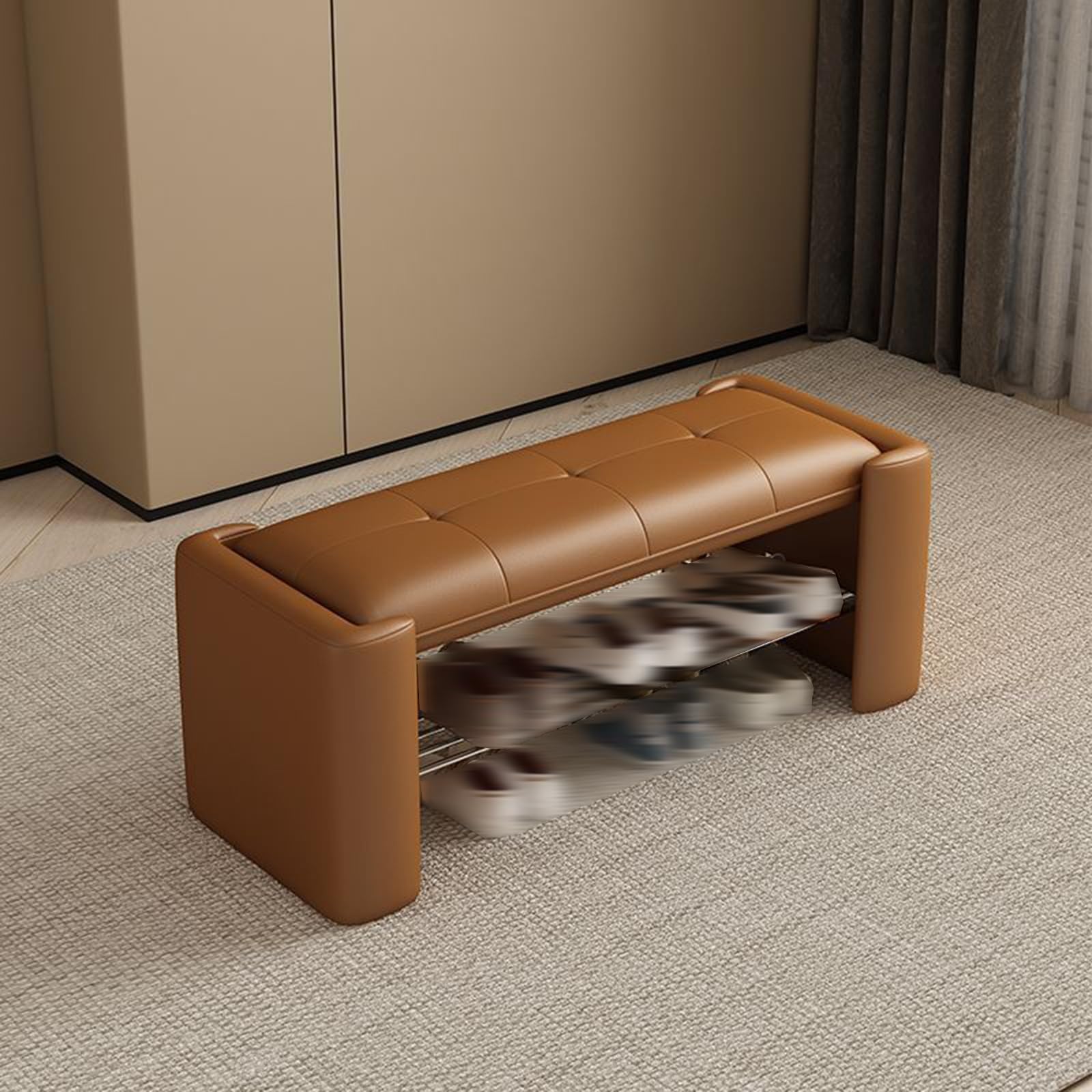 Banc à chaussures orange de 80 cm rembourré avec étagère de rangement moderne
