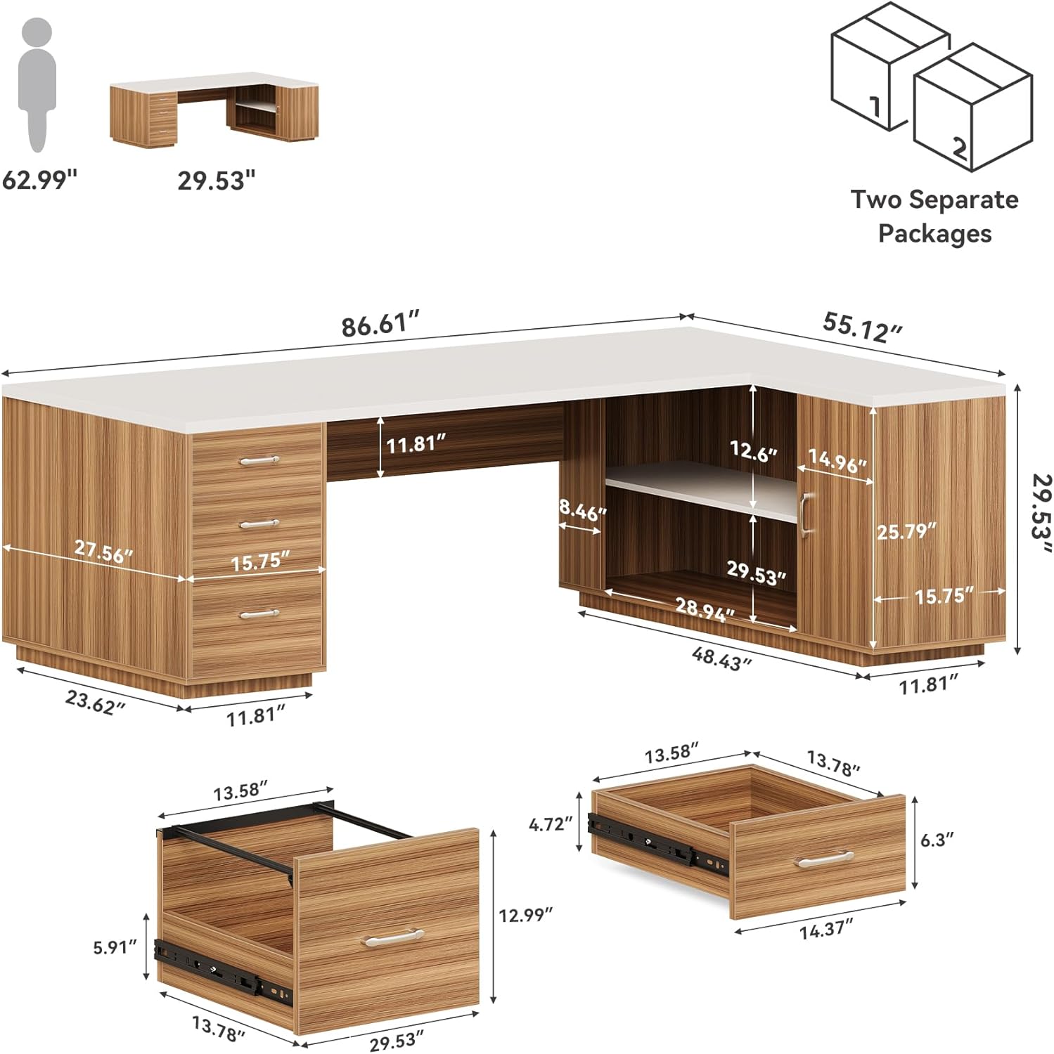 LITTLE TREE 87-Inch Modern Executive Desk with File Cabinet, Large Home Office Desk with Drawers, 3-Drawer Wooden File Cabinet, Spacious Workstation for Home Office (White & Brown) White and Brown image 2 of 8 B0F9NZFDBN