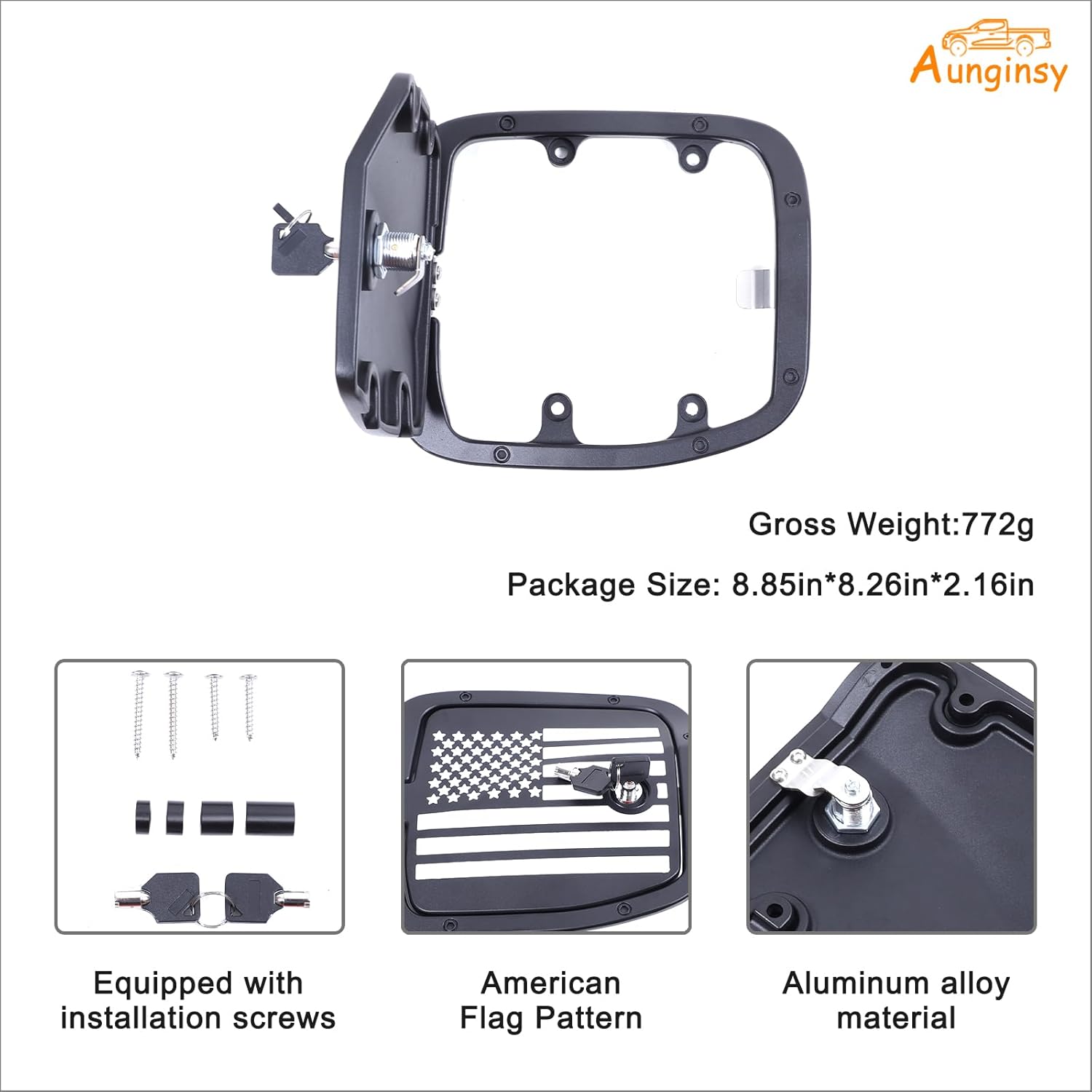 Car Fuel Tank Cap Replacement Anti-theft Lock Cap Compatible with Toyota Tacoma 2016-2023 Door Fuel Tank Cover W/Lock Gas Cap Tank Trim Cover Fuel Filler Door Protector Accessories, USA Flag Pattern