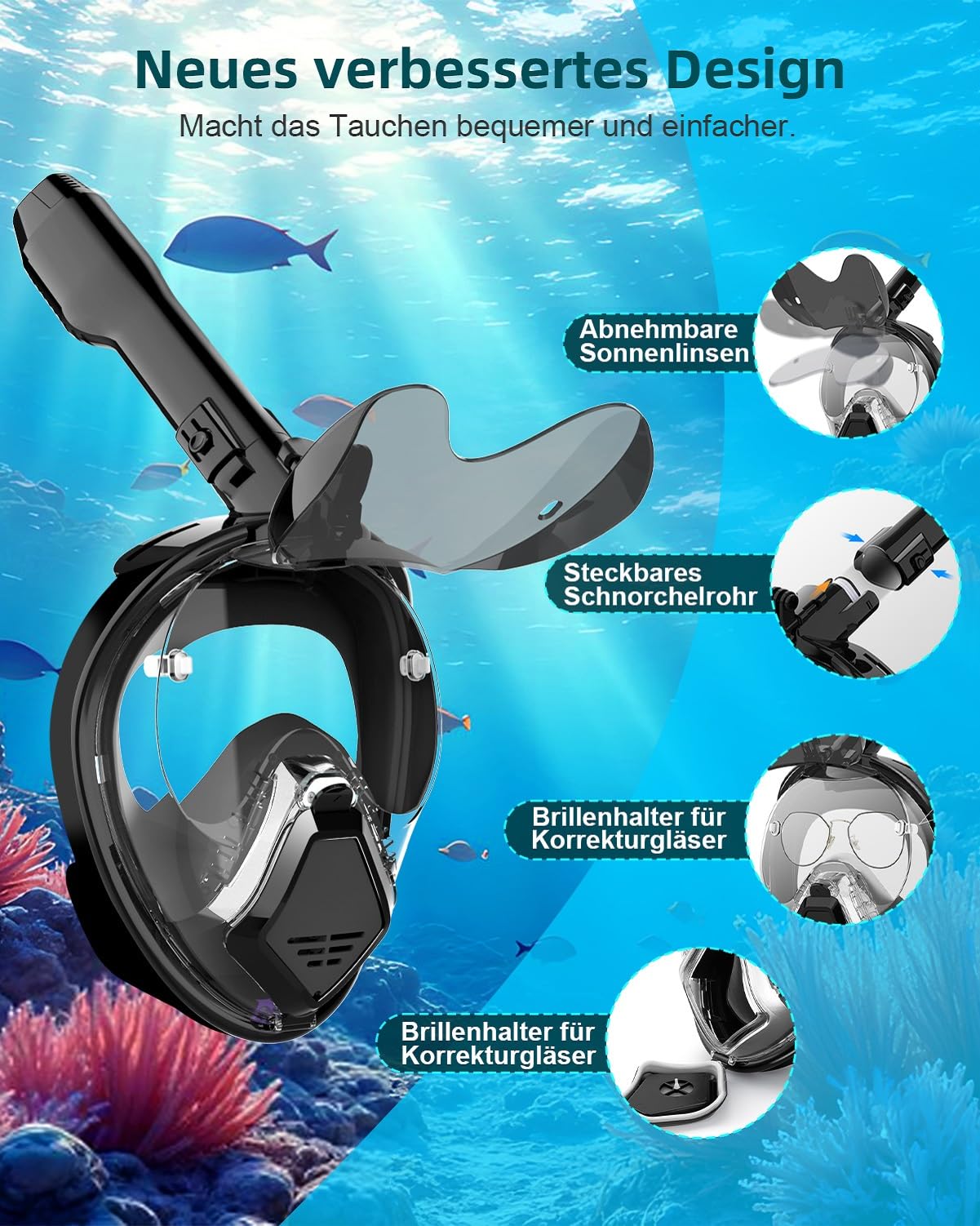 Maschera da Snorkeling per Adulti, Maschera Integrale sicura di CO2，Mascherina Facciale per snorkeling, Anti-appannamento, Supporto per Fotocamera, Occhiali da Sole Pieghevoli, 180° Visuale Panoramica