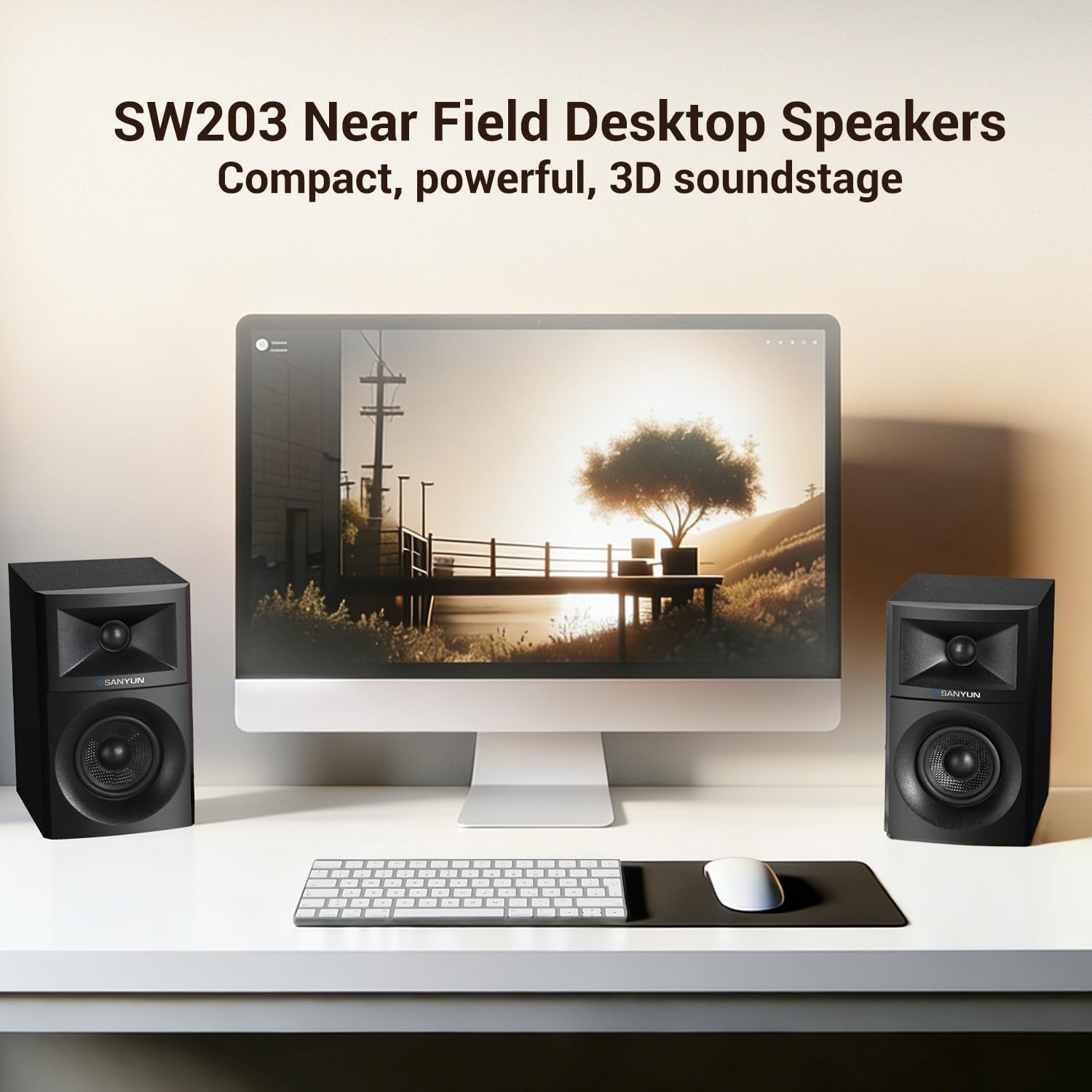 Sanyun SW203 2.0 Altoparlanti per computer desktop - Stereo 3D a campo vicino con imaging verticale - 60W Triple-DSP Doppia unità indipendente - DAC USB-C 24bit Bluetooth 5.4 AUX, HiFi per PC da gioco