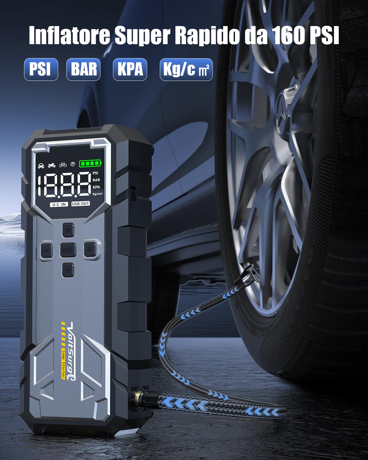 7000A Booster Avviamento Auto con Compressore 160PSI, VoltSurge Avviatore Emergenza per Auto (Fino a ALL Gas/10.0L Diesel), 12V Starter Batteria con Torcia