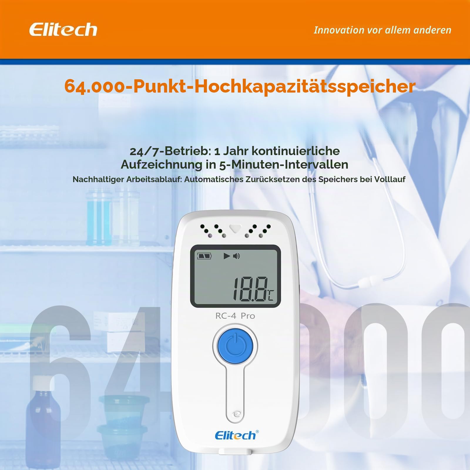 Elitech RC-4Pro Wiederverwendbarer Temperaturdatenlogger, -40~85°C, USB-Datenlogger für PDF & CSV, 64000 Datensätze, mit kostenloser Software & Akustischem Alarm, für Temperaturüberwachung im Labor