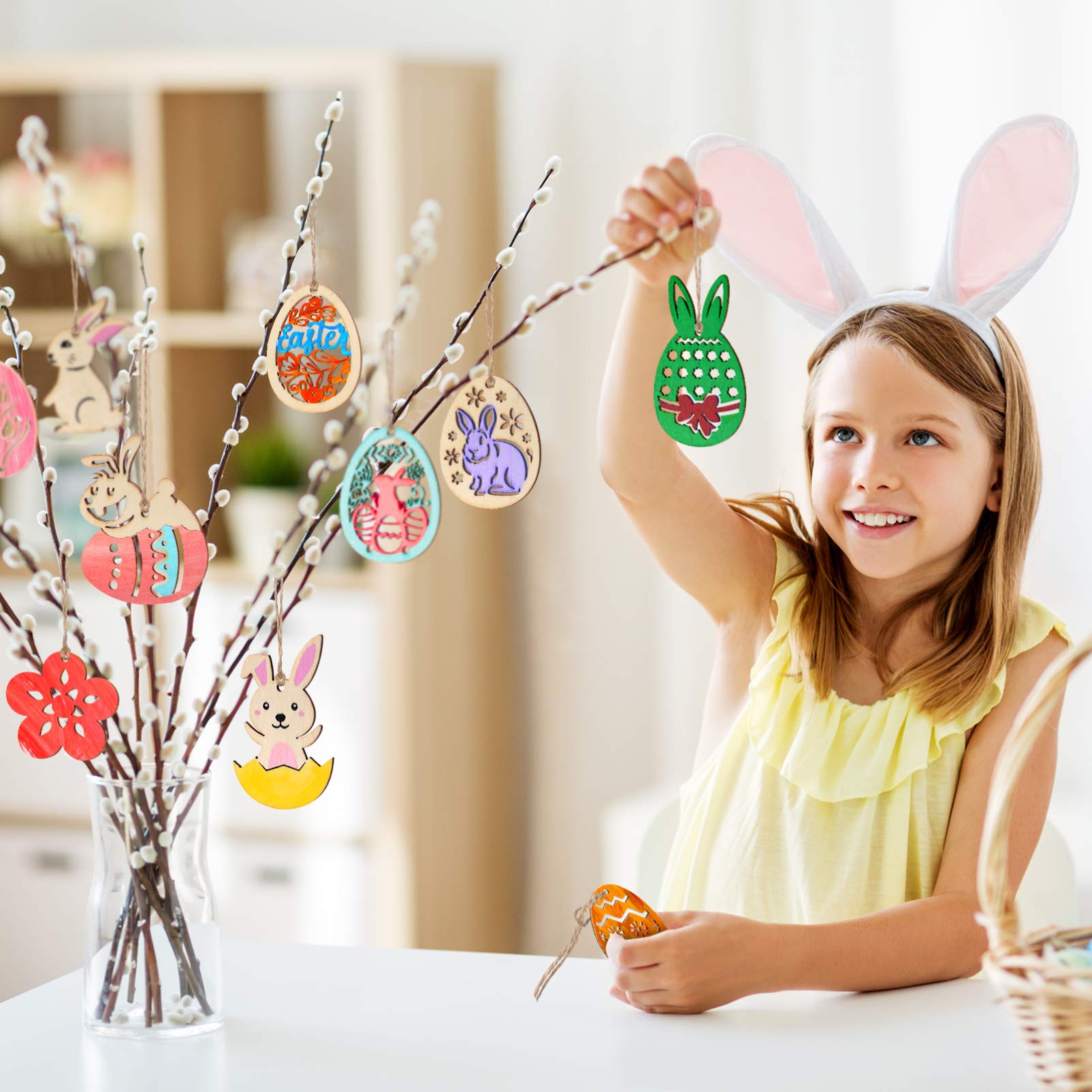 TOYANDONA 48 Pcs Wood Slice Ornaments Unfinished Wooden Egg Bunny Chicken Shape Crafts with Holes Tags Wooden Cutouts for Easter Party Supplies - Image 4