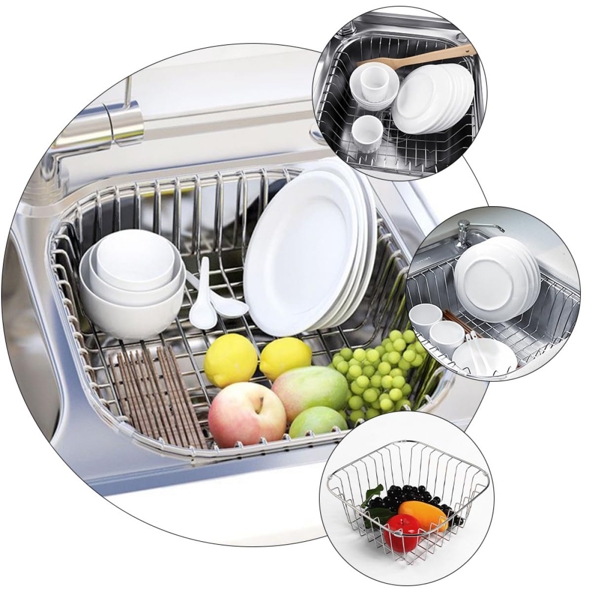 Escurridor de platos compacto de acero inoxidable – 24 x 24 cm para fregadero de cocina y soporte para utensilios – Cesta de drenaje duradera para un almacenamiento eficiente en la encimera