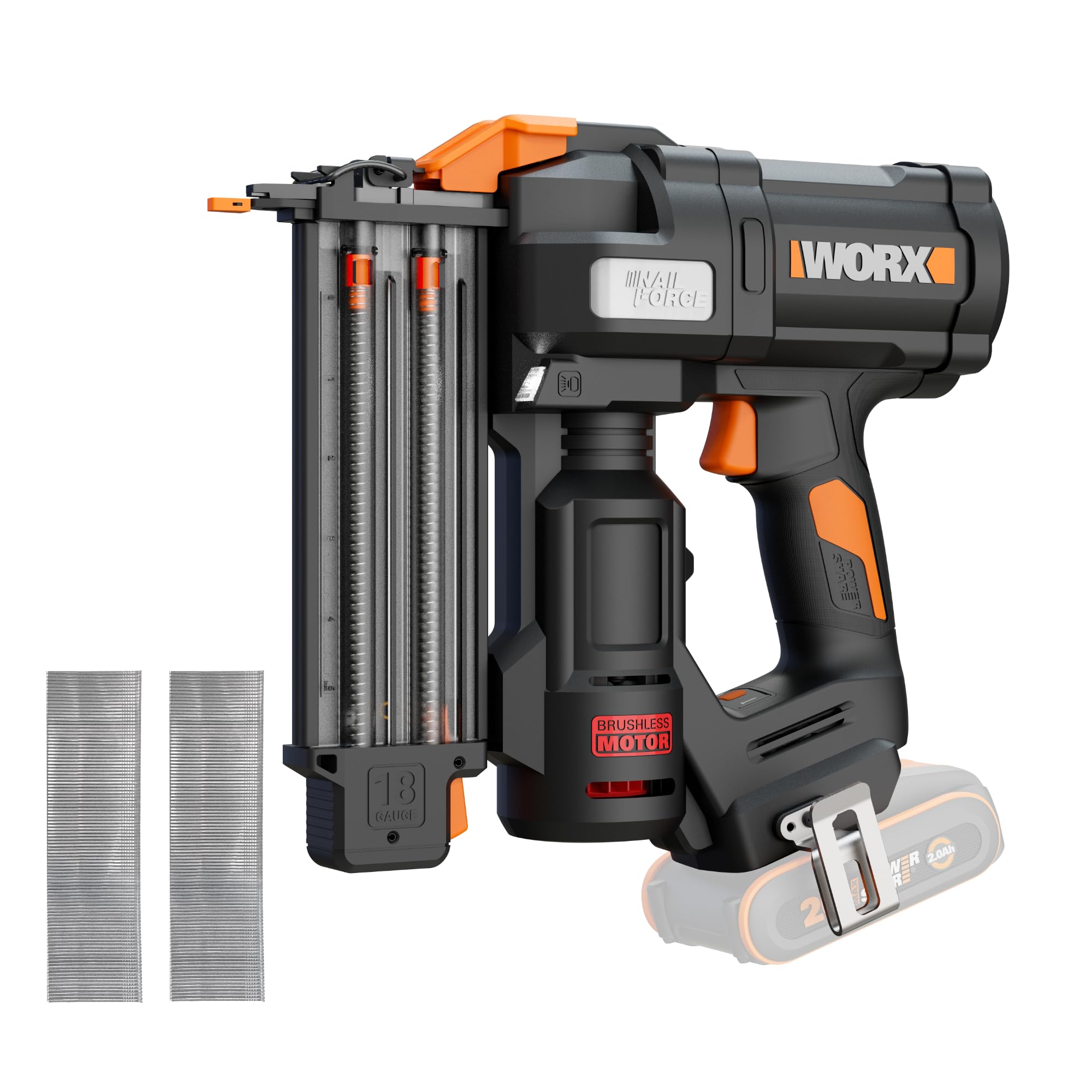 WORX Cloueur sans fil 20V WX838.9, 18Ga, moteur brushless, 2 modes de tir, réglage de la profondeur sans outil, jusqu'à 80 clous/min, compact et léger, livré avec 200 clous, sans batterie ni chargeur