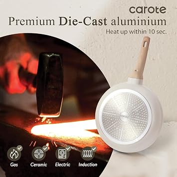 CAROTE Non Stick Frying Pan Skillet Set, Omelet Pan, Healthy Non Toxic Granite Chef Pan, Induction Compatible Egg Frying Pan with Heat-Resistant Handle, PFOA-Free,Cream White,8+10+12