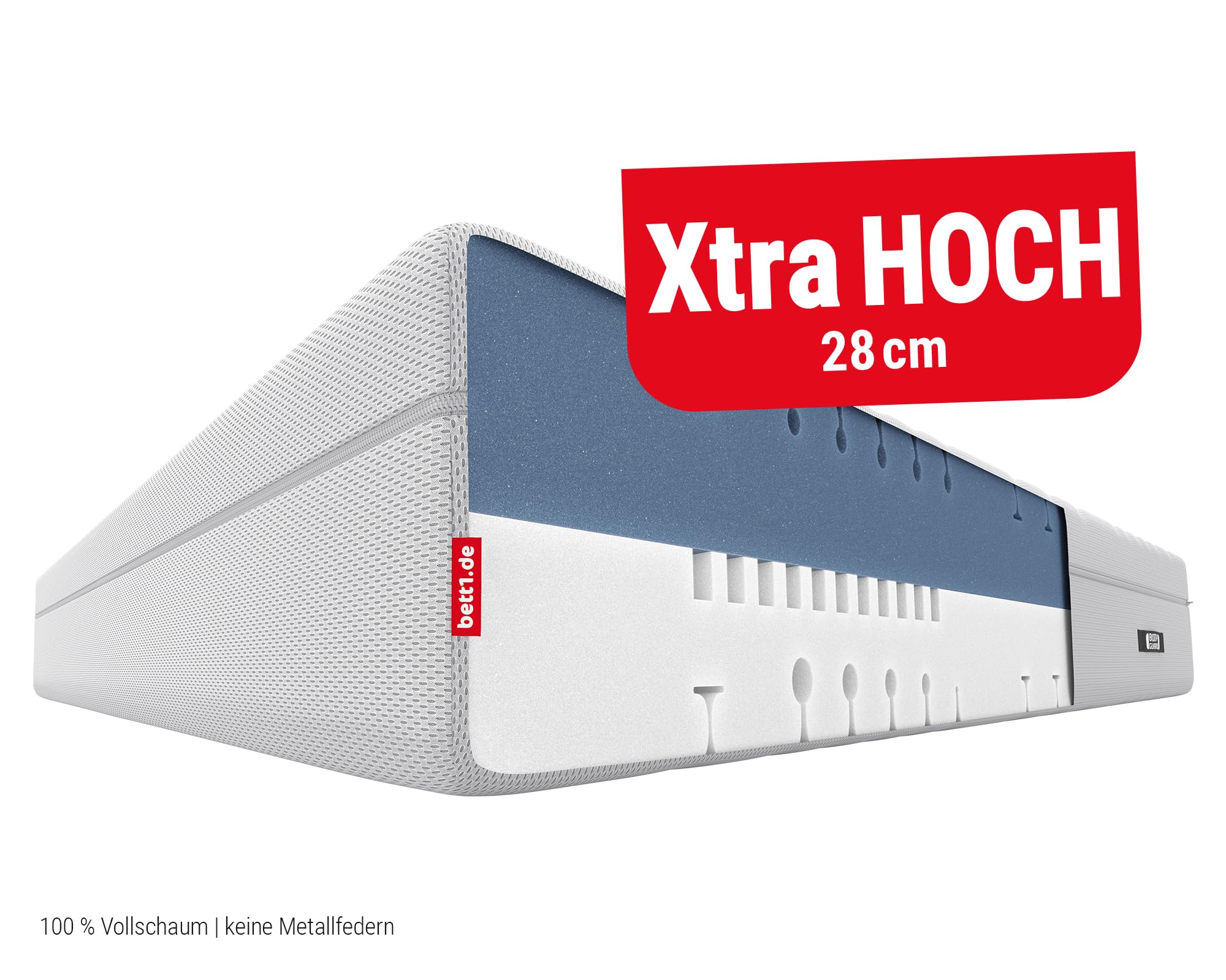 bett1 Bodyguard Boxspring Matratze 90x200 mit ca. 28 cm Matratzen-Höhe! (100% Vollschaum, 2in1 Liegehärten Mittelfest & Fester, Oeko-TEX 100, QXSchaum)