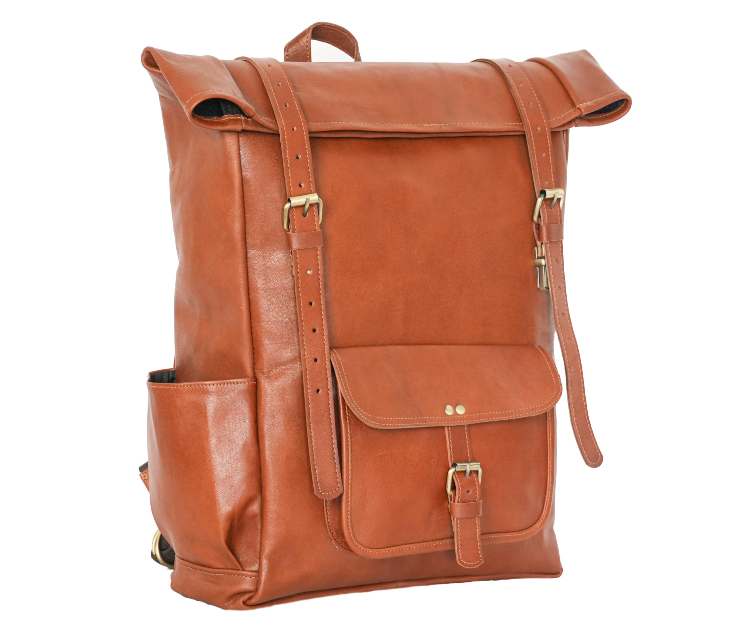 jaald 23" Brown Leather Backpack Vintage Rucksack Laptop Bag Large Travel Roll Top College Bookbag Comfortable Lightweight Travel Hiking/picnic For