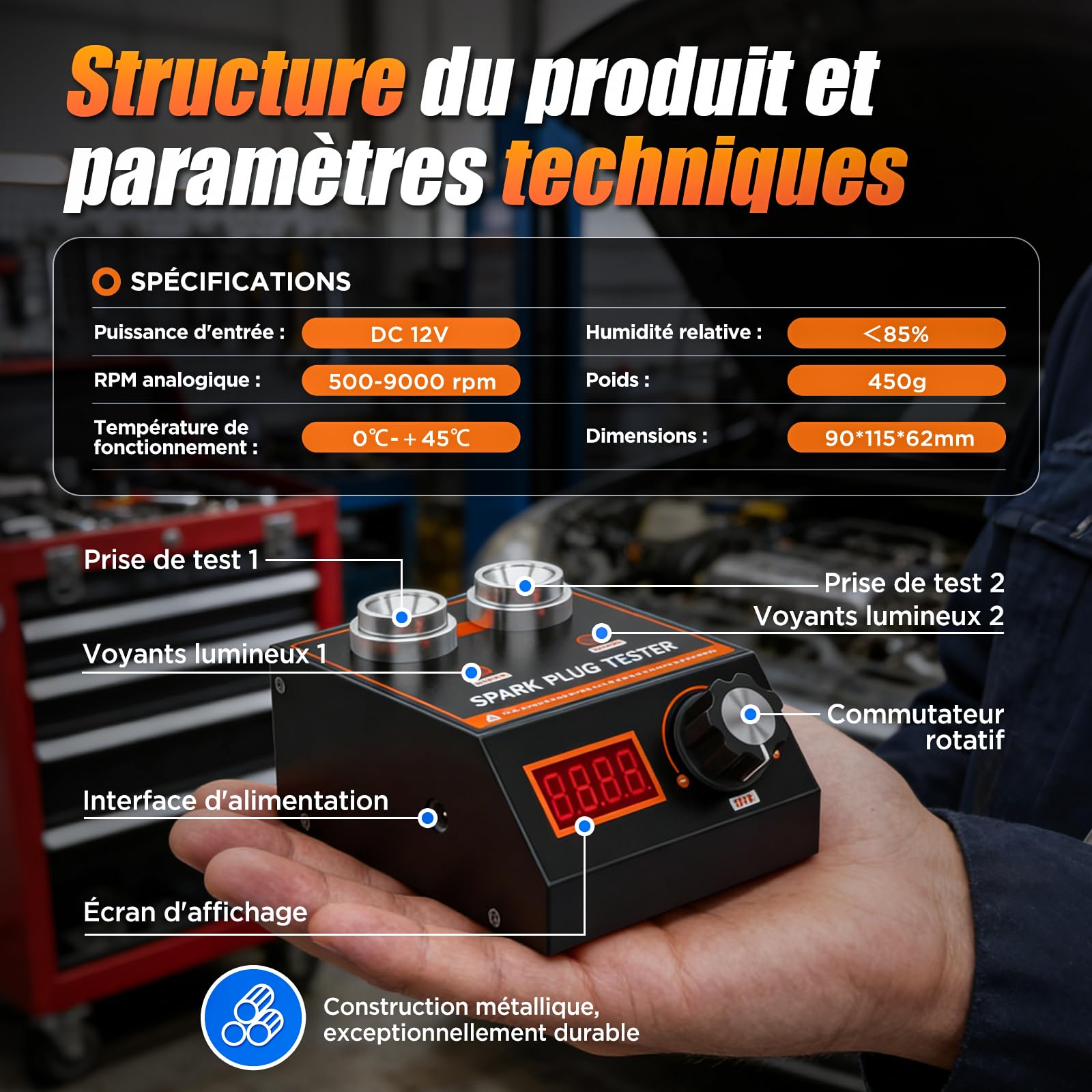 Testeur d'allumage pour Voiture, Analyseur d'allumage Moteur, avec Fréquence de Fonctionnement Réglable de 500 à 9000 tr/min, Adapté aux Bougies Automobiles et Motos 12V